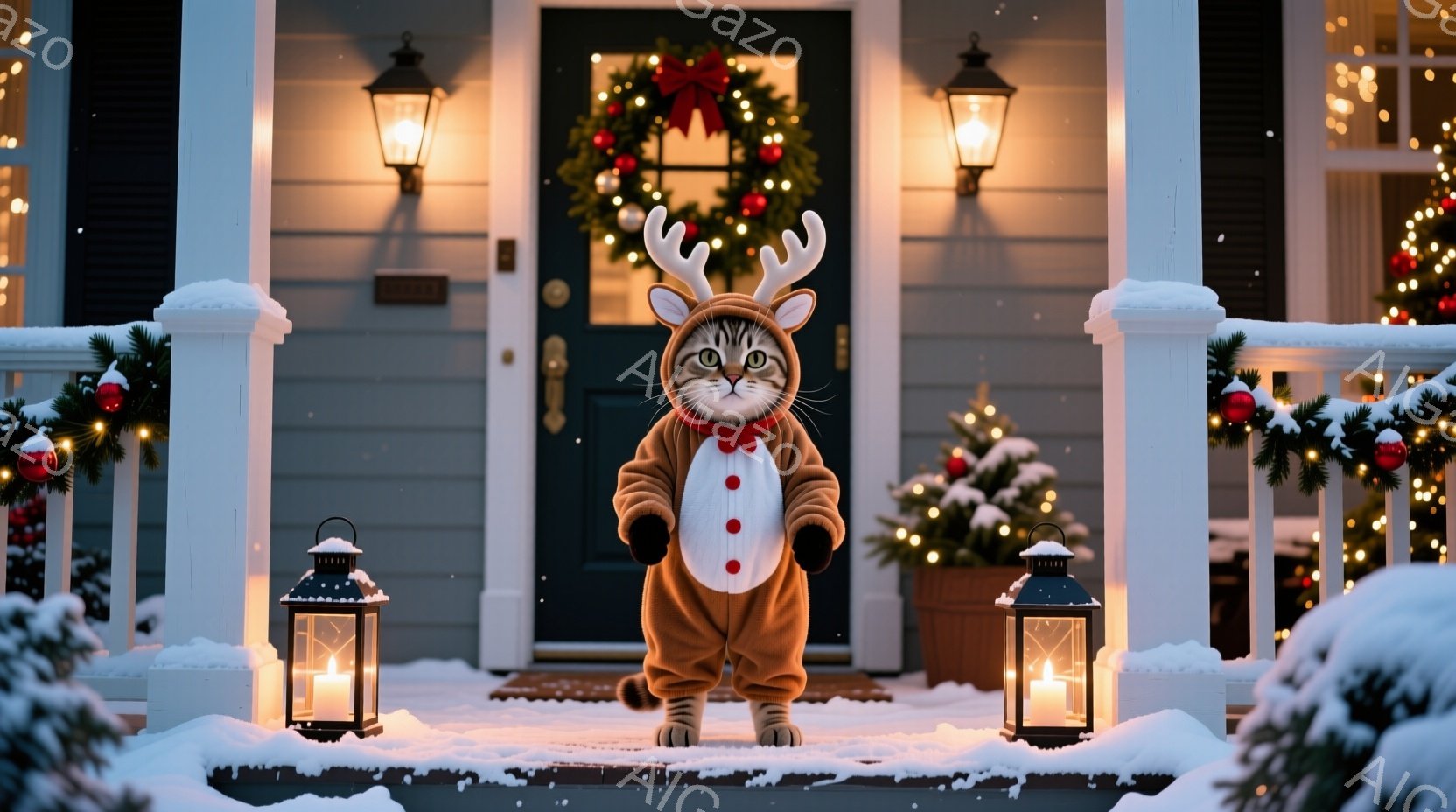 白い雪が降り積もる家の玄関前に、トナカイの着ぐるみを着た猫が立っている。猫は少し困ったような表情で、前足を少し開いて立っており、着ぐるみの赤いボタンがアクセントになっている。背景にはクリスマスリースや - AI生成フリー素材