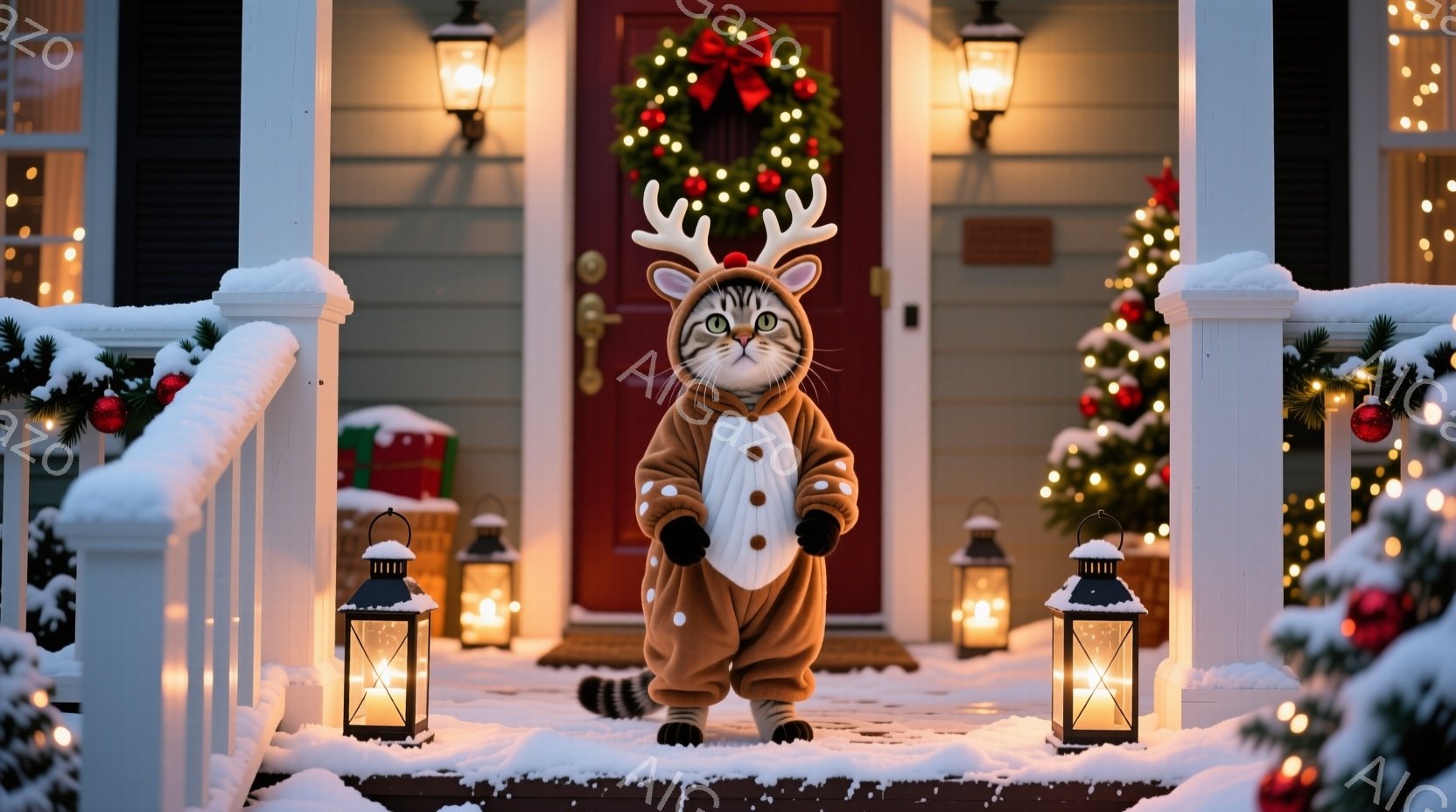 白い雪が降り積もる家の正面玄関で、茶色の服を着た猫が立っています。服はトナカイの角が付いており、可愛らしい印象を与えます。背景にはクリスマスツリーや装飾が施され、温かくお祝いムードにあふれています。