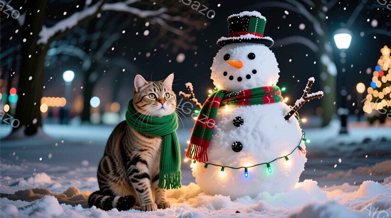 茶色の縞模様の猫が緑色のマフラーを巻いて雪の上に座っています。その隣には、人参の鼻、石ころの目、そして赤い縞模様のマフラーと帽子を付けた雪だるまが立っており、カラフルな電飾で飾られています。背景には雪 - AI生成フリー素材