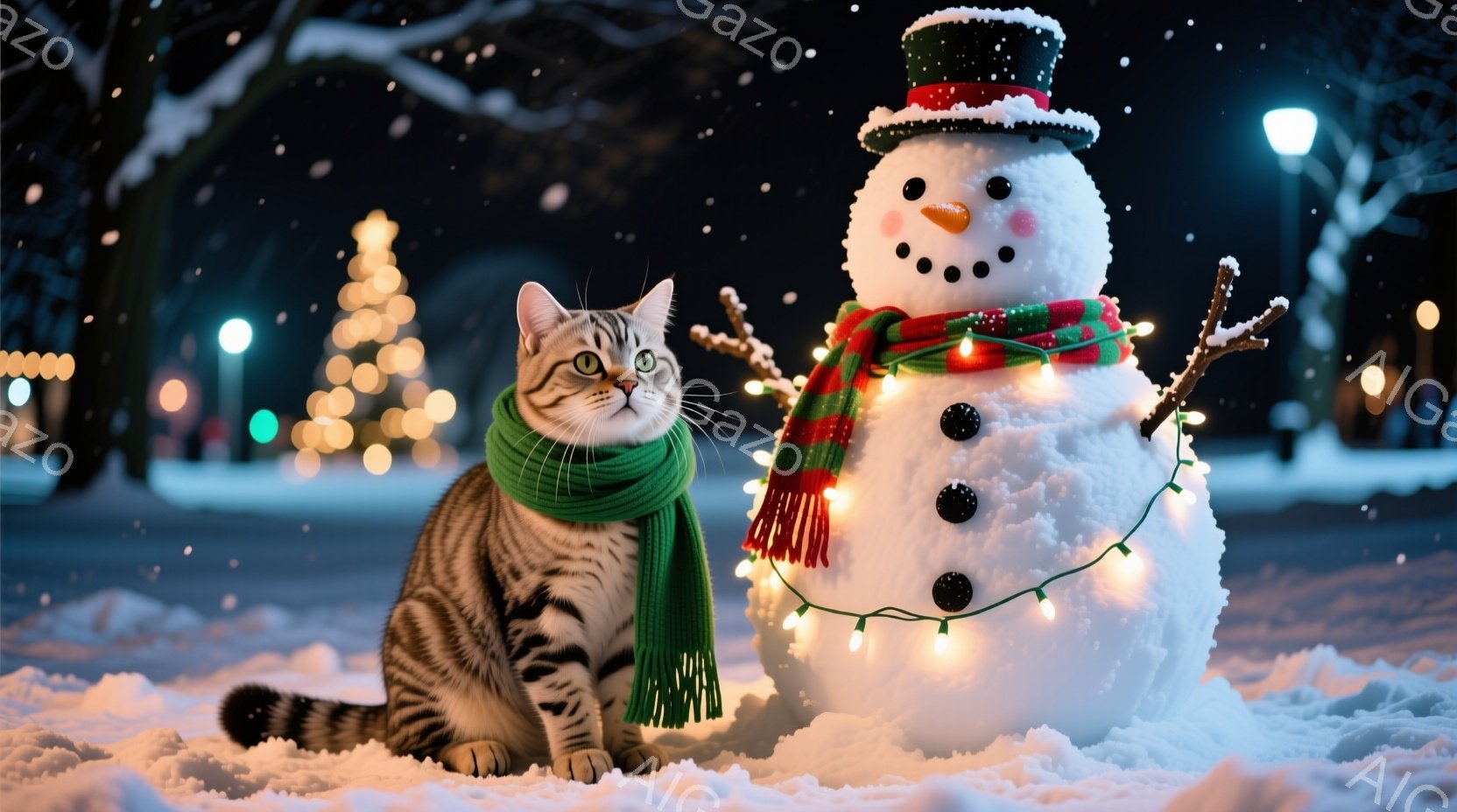 白い雪景色の中に、緑のスカーフを巻いた縞模様の猫が座っています。猫は正面を見据え、少し警戒したような表情をしています。背景には、イルミネーションで飾られた雪だるまやクリスマスツリーが見え、冬の夜の穏や - AI生成フリー素材