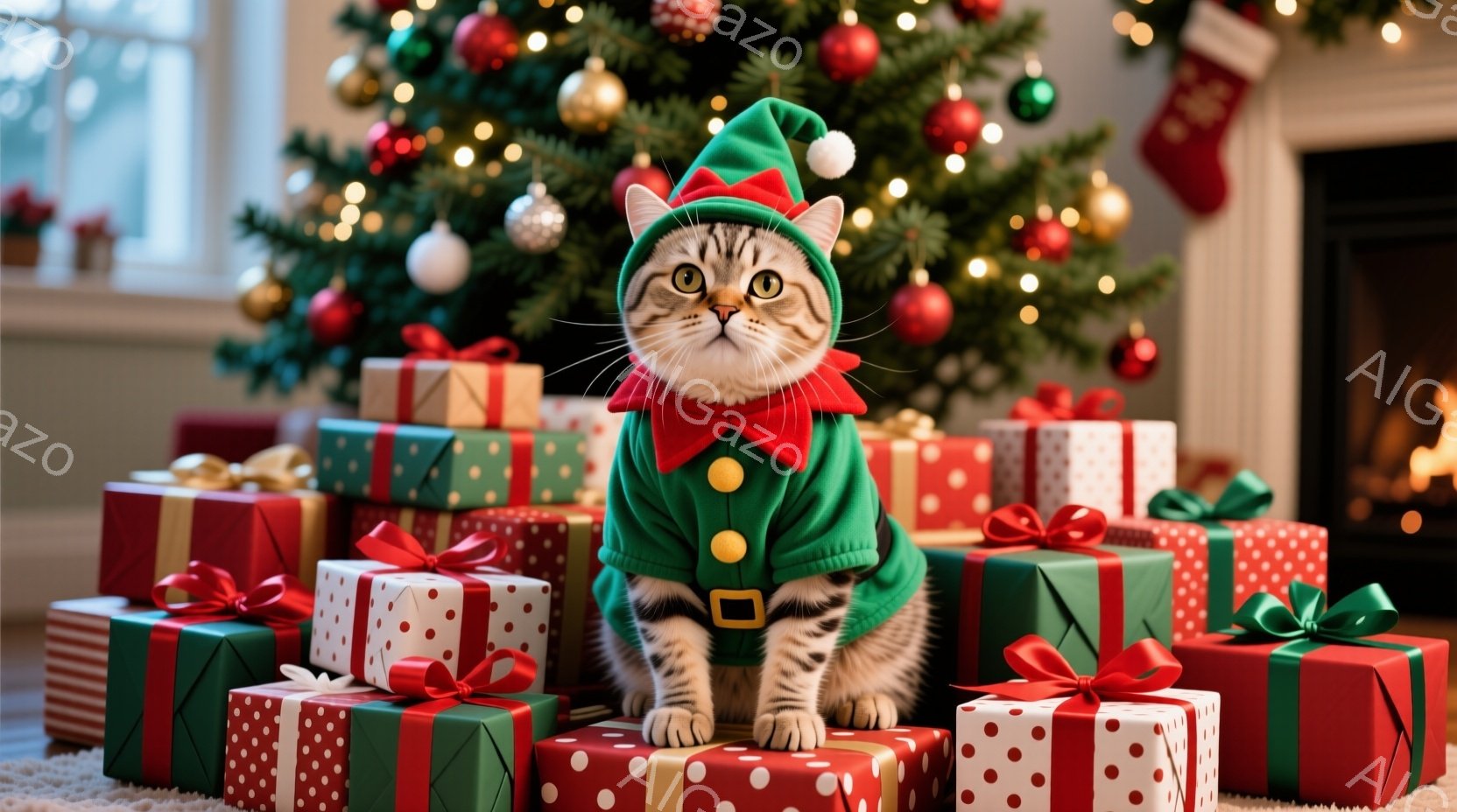 縞模様の猫がクリスマスのエルフの衣装を着て、プレゼントの山の上に座っています。猫は緑色の服と赤い襟、エルフの帽子を身につけ、正面を見て少し驚いた表情をしています。背景にはクリスマスツリーが飾られ、暖炉 - AI生成フリー素材