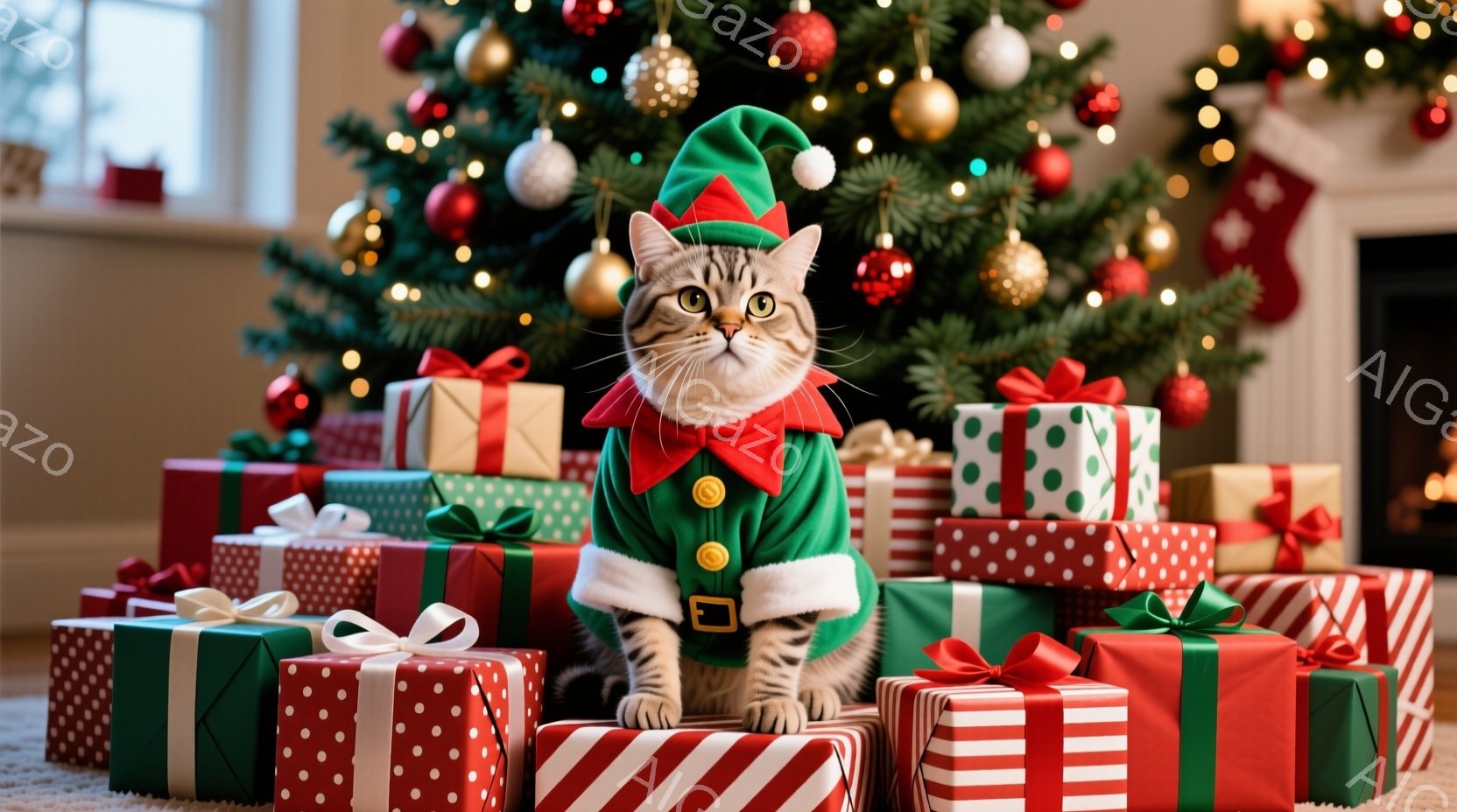 灰色の毛並みの猫が、緑色のエルフの衣装を着てプレゼントの山の上に座っています。猫は少し驚いたような表情で正面を見ており、背景にはクリスマスツリーが飾られています。プレゼントは様々な色と模様で、赤、緑、 - AI生成フリー素材