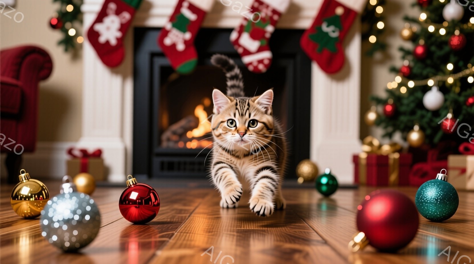 暖炉のそばの床に、縞模様の小さな子猫が歩いている様子が描かれています。周囲には、赤、金、銀のクリスマスオーナメントが散らばり、背景にはクリスマスツリーと赤いクリスマスストッキングが飾られています。全体的に、暖かく、居心地の良い、お祝いの雰囲気が漂っています。