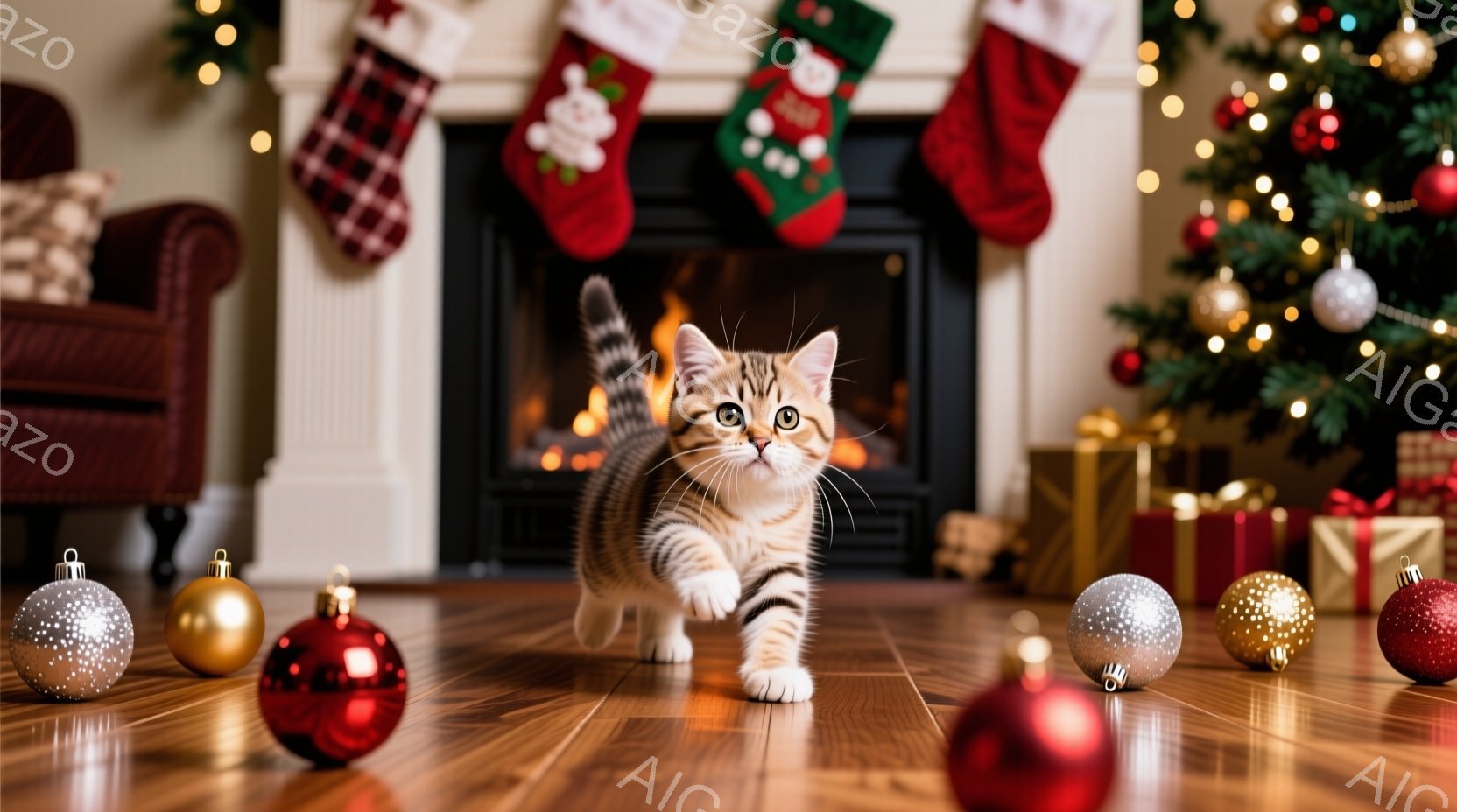 暖炉の前にはクリスマスツリーが飾られ、プレゼントの箱やオーナメントが散りばめられています。縞模様の可愛らしい子猫が、オーナメントの間を歩いており、好奇心旺盛な表情で正面を見ています。木製の床と暖炉の炎 - AI生成フリー素材