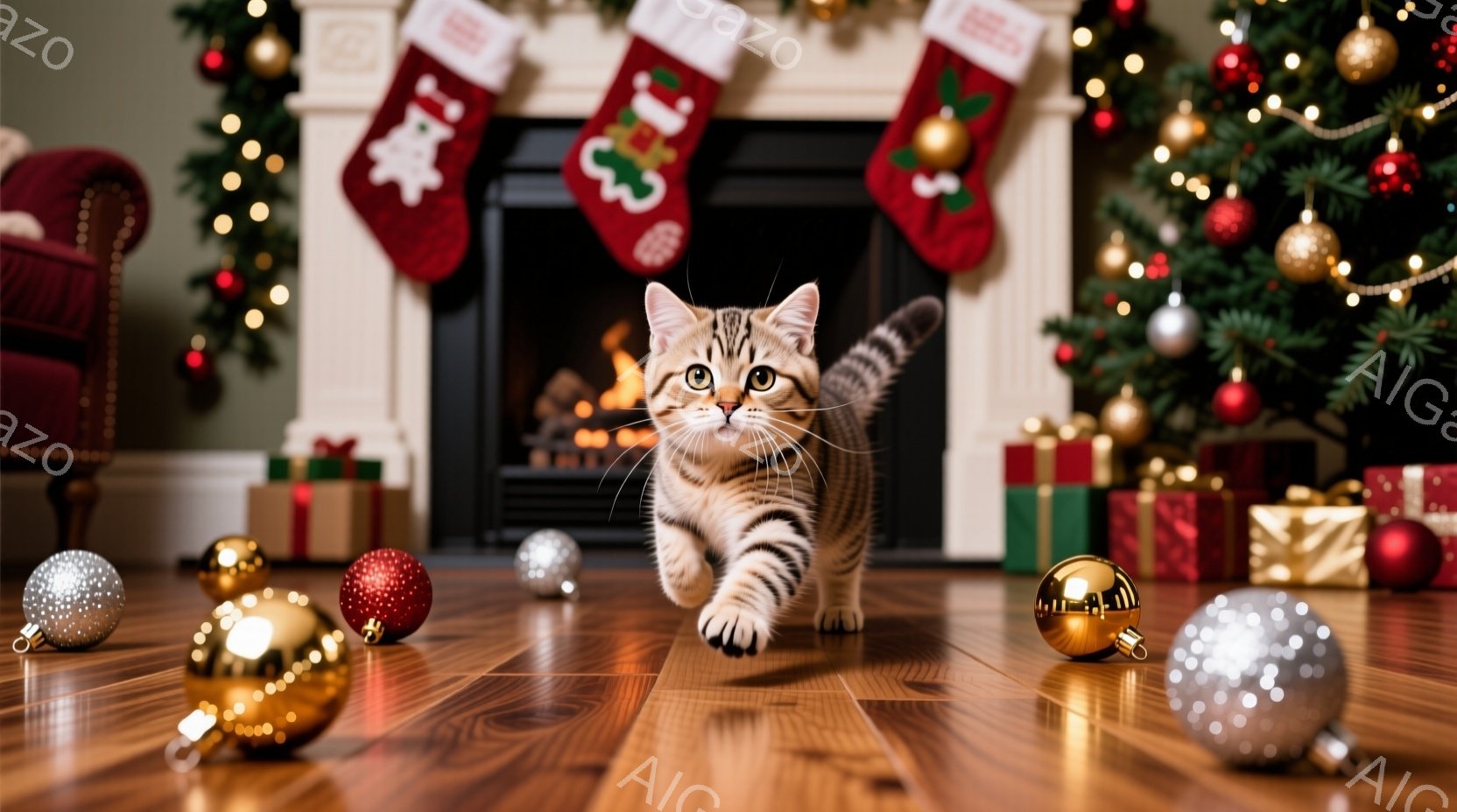 暖炉の前にプレゼントが置かれた部屋で、縞模様の小さな子猫がこちらに向かって歩いてくる姿が捉えられています。背景には、クリスマスツリーが飾られ、赤い靴下が暖炉に掛けられており、お祝いムードが漂っています - AI生成フリー素材