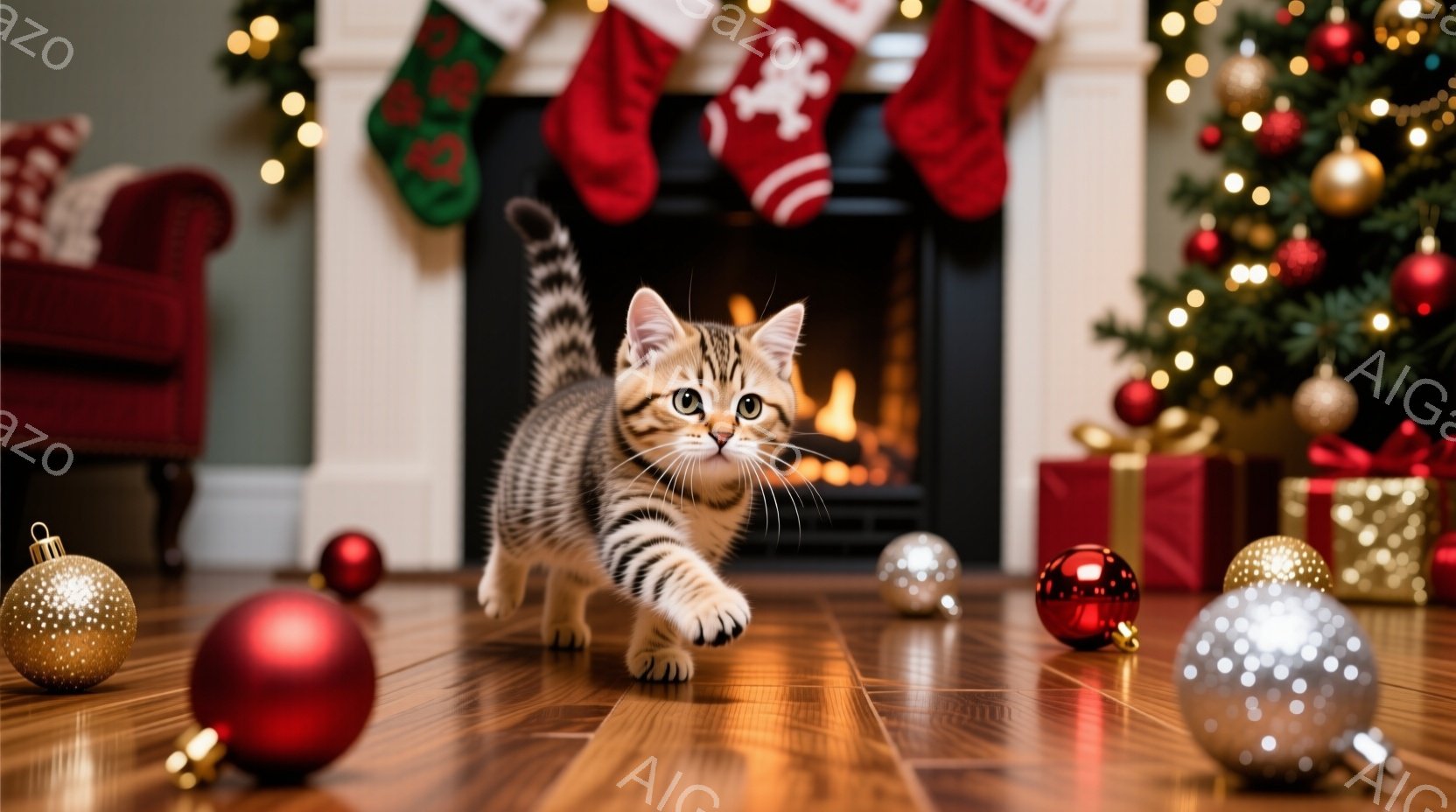 暖炉のあるリビングルームの床に、縞模様の子猫がいます。子猫は前足を伸ばし、遊び心のある表情で、赤いと銀色のクリスマスオーナメントの周りを歩いています。背景には、クリスマスツリーと赤いクリスマスストッキングが飾られた暖炉があり、温かく、お祝いの雰囲気が漂っています。