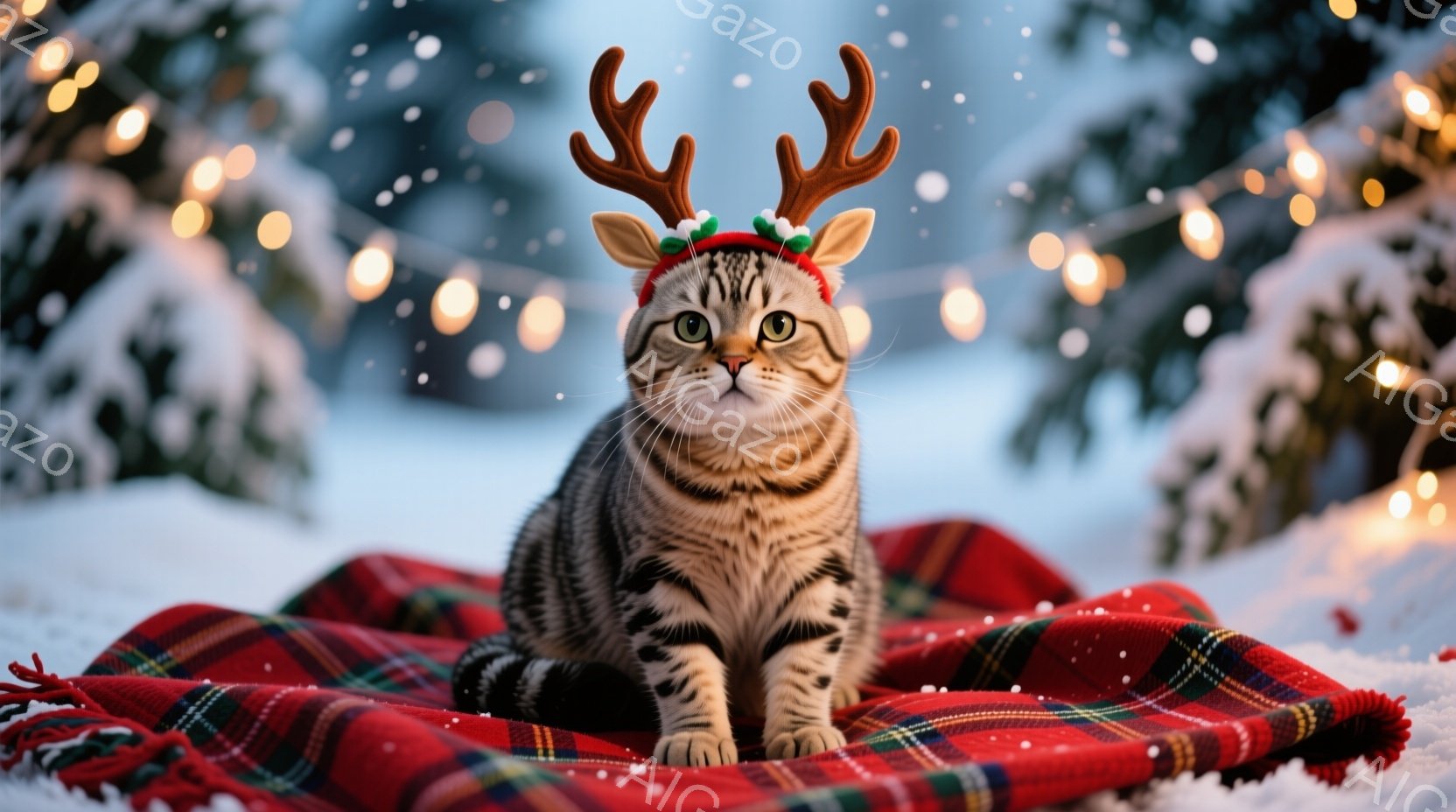 茶色と黒の縞模様の猫が、赤いチェック柄の毛布の上に座っており、頭には小さなトナカイの角をつけています。猫はカメラに向かってまっすぐ見つめ、穏やかで少しいたずらっぽい表情をしています。背景には雪景色とぼ - AI生成フリー素材