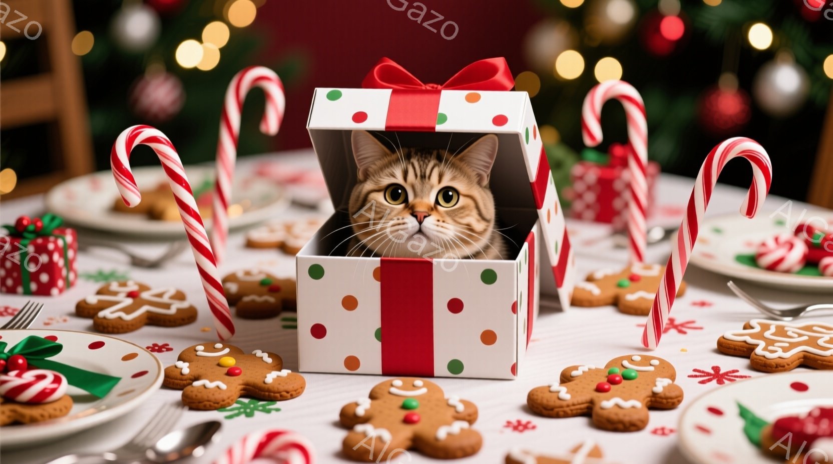 白いテーブルクロスの上に、赤い水玉模様のギフトボックスに入った子猫がいます。子猫は茶色の縞模様で、興味津々な表情でカメラを見ています。背景にはジンジャーブレッドマンのクッキーやキャンディケーンが散りば - AI生成フリー素材