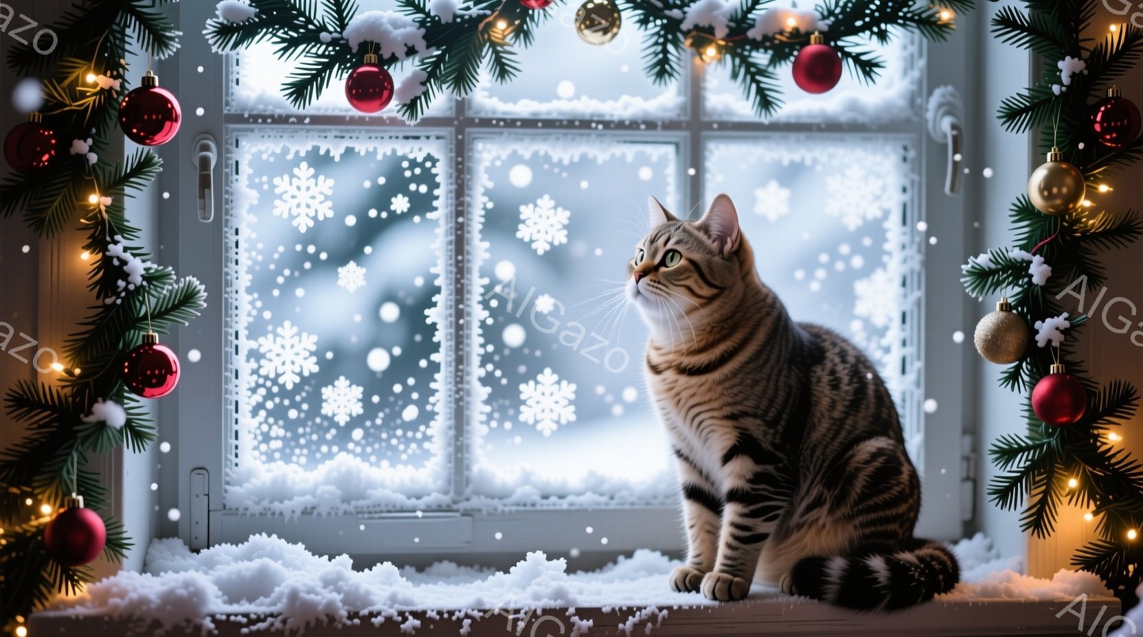 窓辺に座る縞模様の猫が描かれています。猫は上を見上げており、雪が降る外の景色を眺めているようです。背景には雪の結晶が描かれた窓があり、窓枠にはクリスマスツリーの飾りと針葉樹のガーランドが飾られ、暖かく - AI生成フリー素材