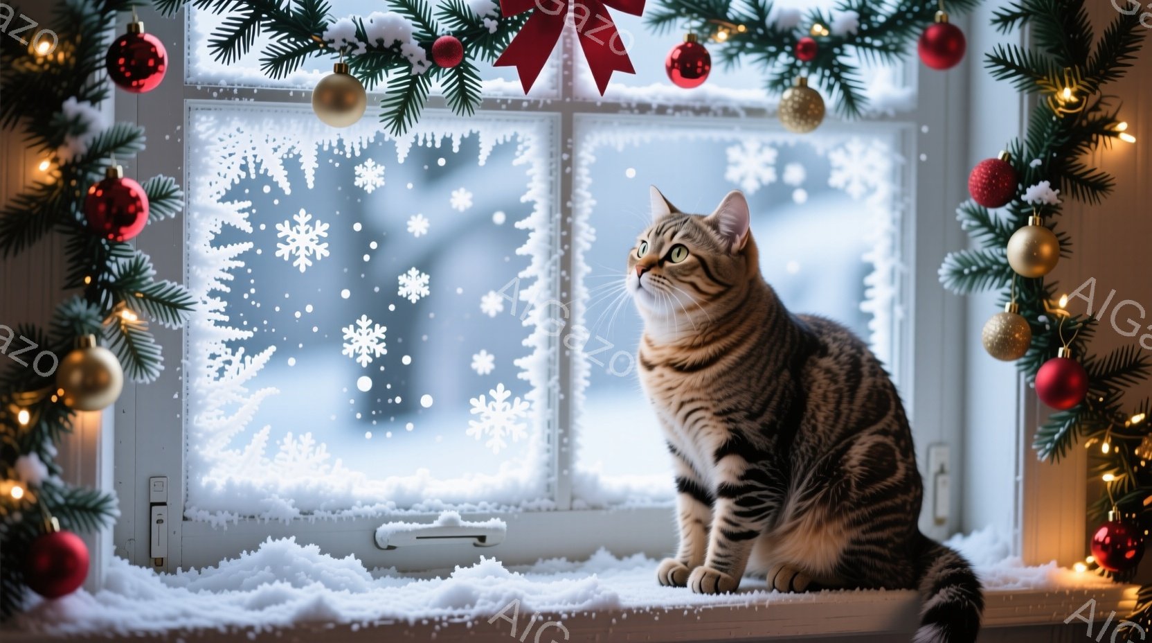 茶色の縞模様の猫が窓辺に座り、外を眺めている。窓には雪の結晶が描かれており、窓枠にはクリスマスツリーの飾りと緑の葉が飾られている。全体的に暖かく、冬の穏やかな雰囲気が漂っている。 - AI生成フリー素材