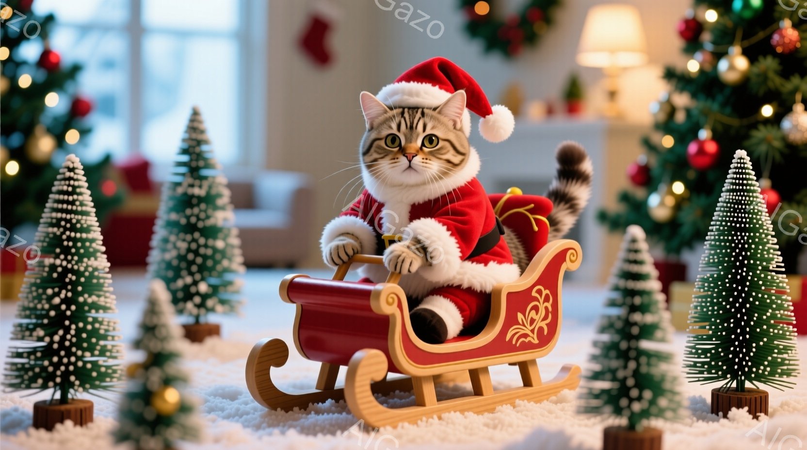 白い模様の猫が、赤いサンタの衣装を着てそりに乗っています。猫は嬉しそうな表情で前を見つめ、片手でそりのハンドルを握っています。背景にはクリスマスツリーや装飾が散りばめられ、雪が積もった床がクリスマスの温かくお祝いムードを演出しています。