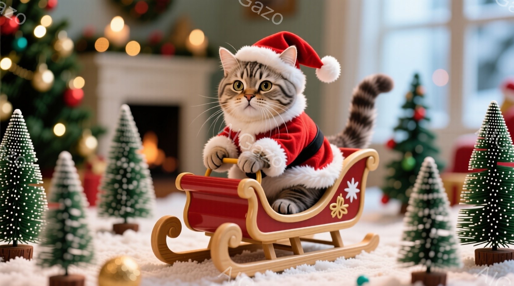 白と灰色の縞模様の猫が、赤いサンタの衣装と帽子を身に着けて、小さな赤いそりに乗っています。猫は前足をハンドルにつかみ、真剣な表情で前を見ており、まるでそりを運転しているかのようです。背景には、クリスマ - AI生成フリー素材