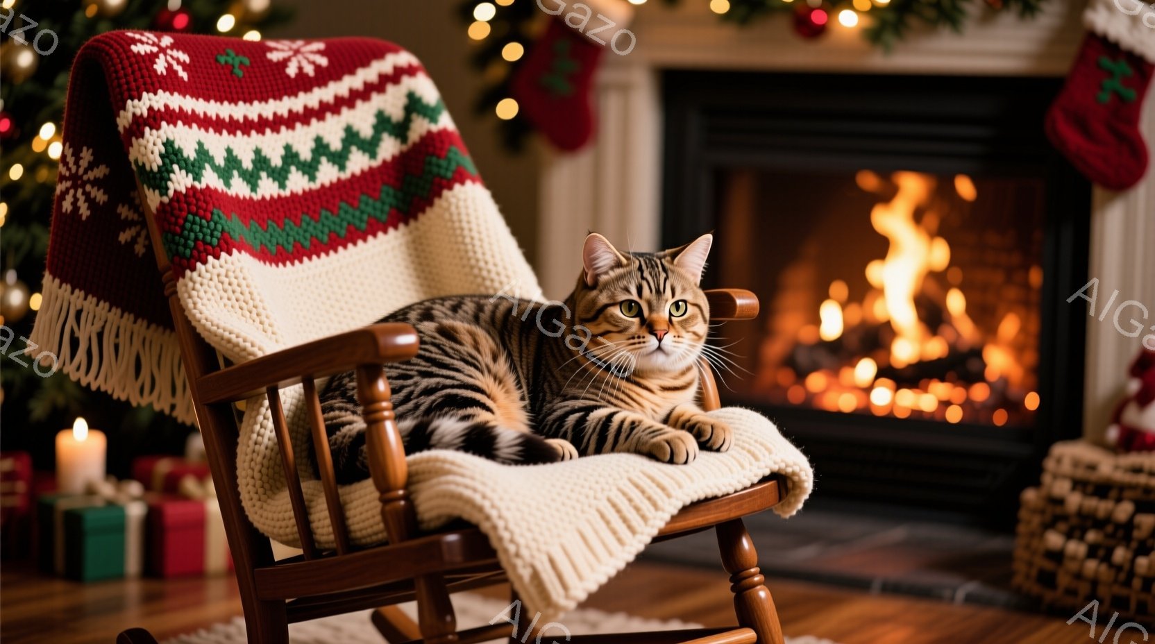 茶色いロッキングチェアに、縞模様の猫がゆったりと横たわっています。猫はリラックスした表情で、まるで椅子が自分のものだと主張しているかのように見えます。背景には、暖炉の火、クリスマスツリー、プレゼント、 - AI生成フリー素材