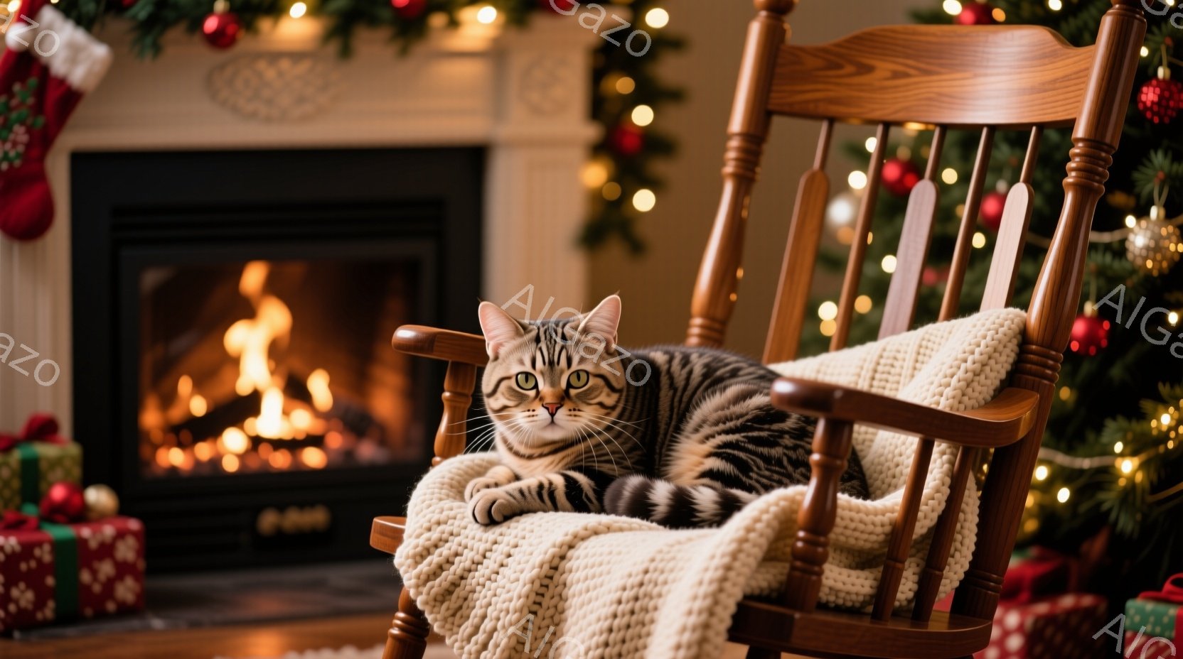 縞模様の猫がロッキングチェアにゆったりと座っており、落ち着いた表情でこちらを見ている。背景にはクリスマスツリーやプレゼント、暖炉があり、温かい光が猫を照らしている。全体的に穏やかで、クリスマスの雰囲気 - AI生成フリー素材