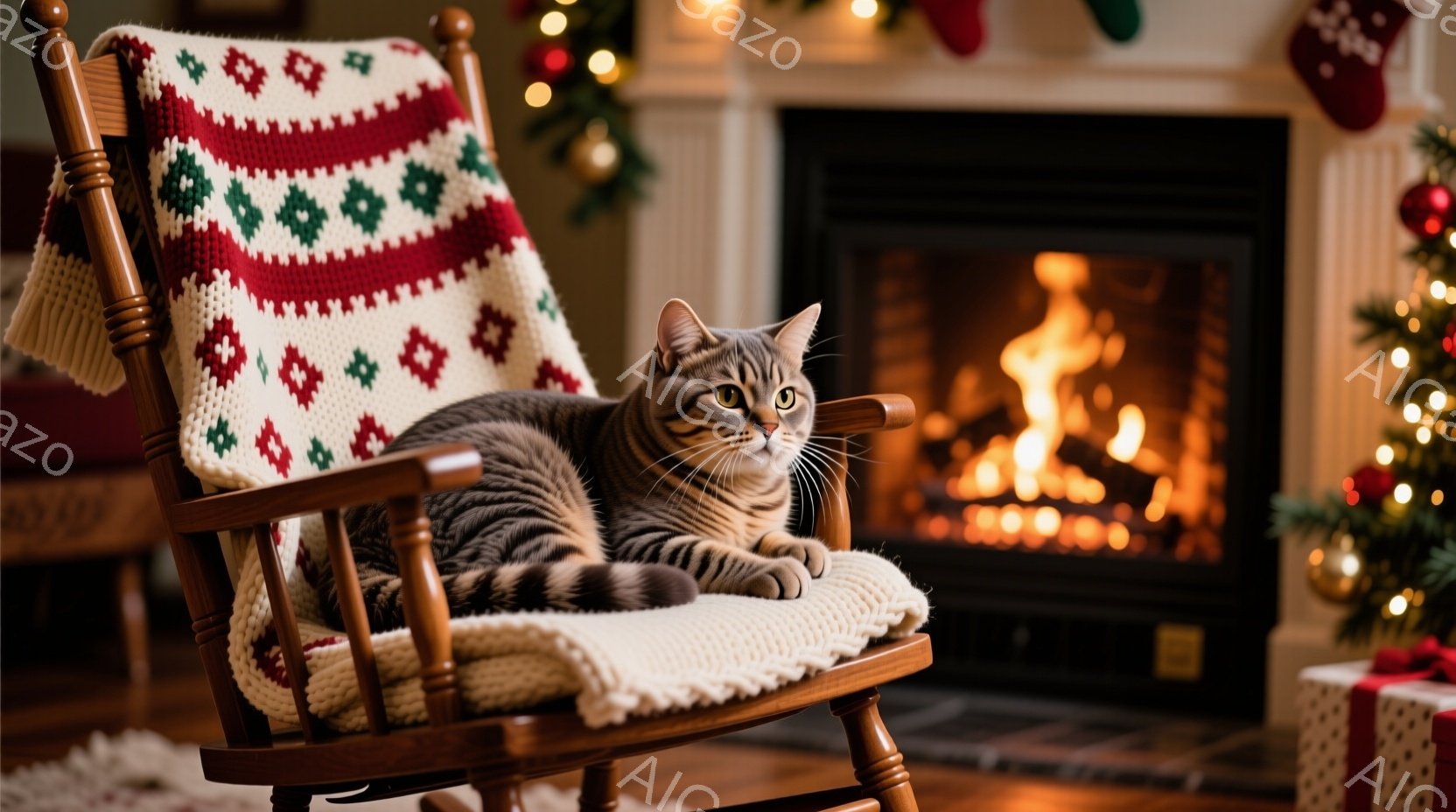 茶色いロッキングチェアに、縞模様の灰色の猫がゆったりと横たわっています。猫はリラックスした表情で、どこかを見つめています。背景には暖炉があり、炎が燃え盛っており、クリスマスツリーとプレゼントが置かれ、 - AI生成フリー素材