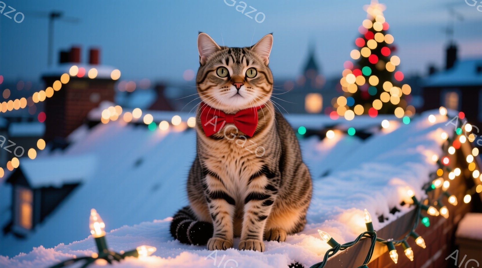 縞模様の猫が雪の上に座り、赤い蝶ネクタイをつけて正面を見つめている。背景にはクリスマスの飾り付けが輝き、遠くには建物や街並みがぼんやりと見える雪景色が広がっている。温かく幻想的な雰囲気で、冬の祝祭を予 - AI生成フリー素材