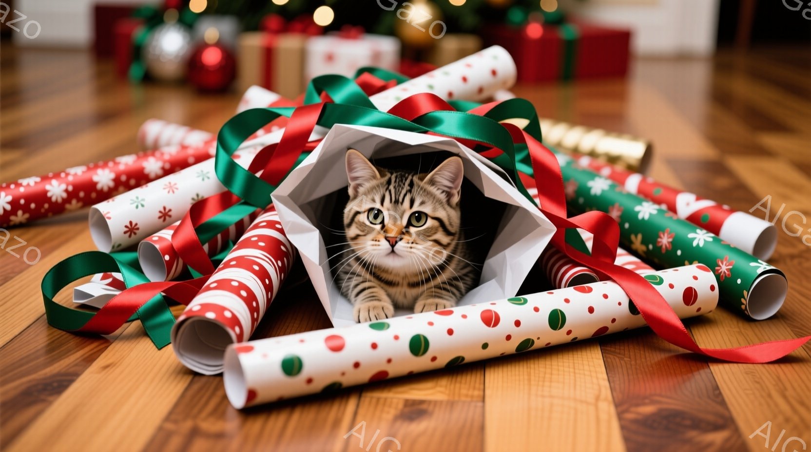 縞模様の小さな子猫が、クリスマスプレゼントの包装紙に囲まれて遊んでいます。子猫は包装紙で作られた即席のトンネルの中に体を隠し、好奇心と遊び心に満ちた表情でこちらを見ています。背景には、様々な色の包装紙と、ぼやけたクリスマスツリーが見え、全体的に温かく、お祝いムードに満ちた雰囲気です。
