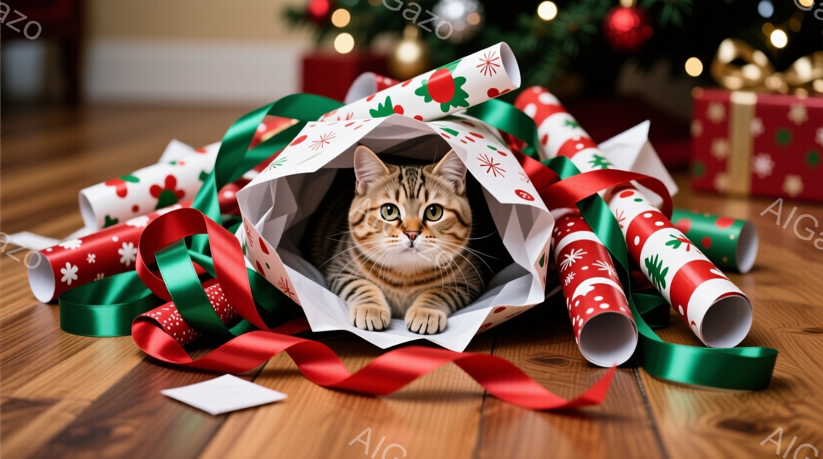 縞模様の猫が、クリスマスプレゼントの包装紙やリボンの中に身を潜めています。猫は前足を伸ばし、興味津々とした表情でカメラを見つめており、まるでプレゼントの一部であるかのように可愛らしい姿を見せています。 - AI生成フリー素材