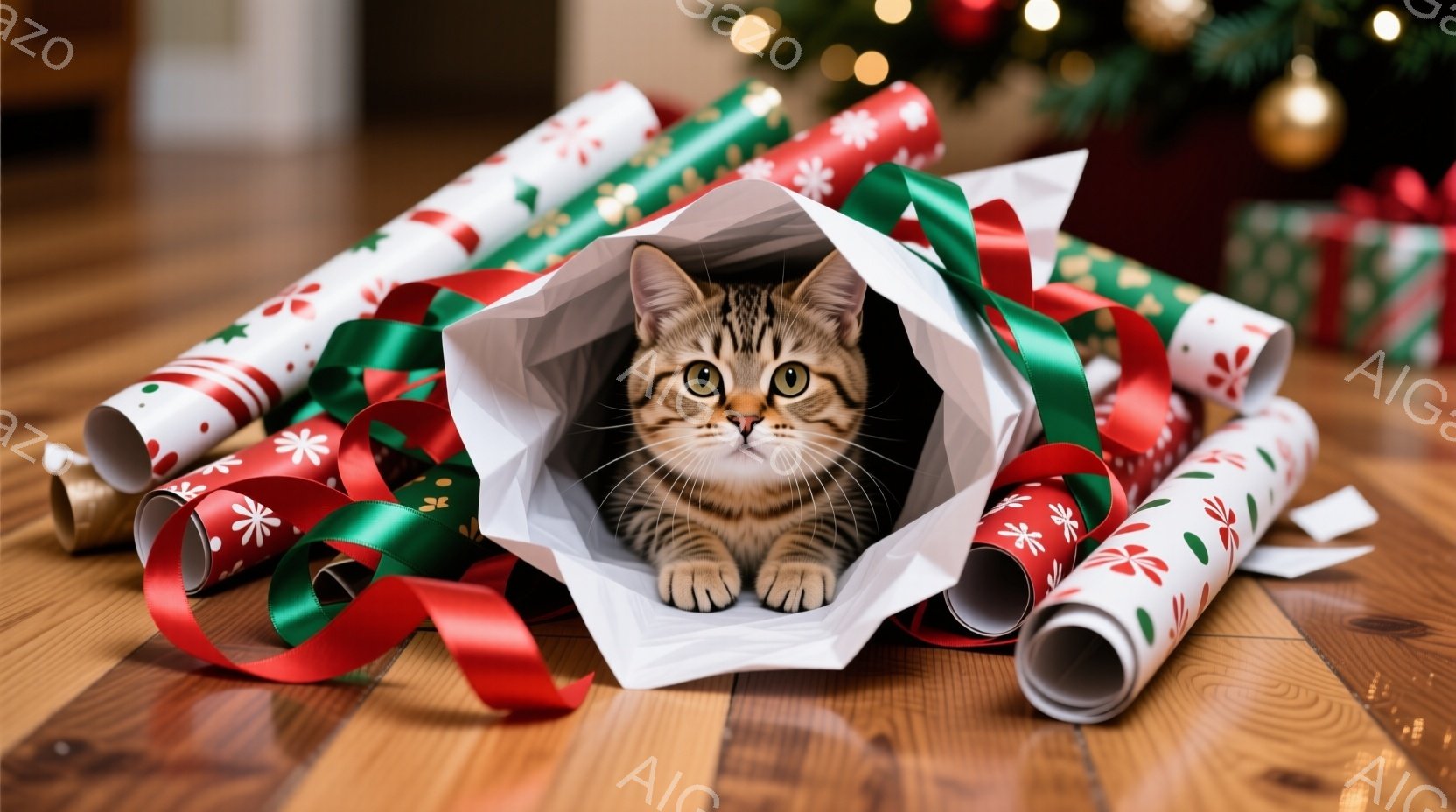 茶色と黒の縞模様の猫が、クリスマスプレゼント用の包装紙に囲まれて座っています。包装紙は赤、緑、白を基調とした柄で、床に散らばっています。背景にはぼんやりとクリスマスツリーが見え、暖かく遊び心のある雰囲 - AI生成フリー素材
