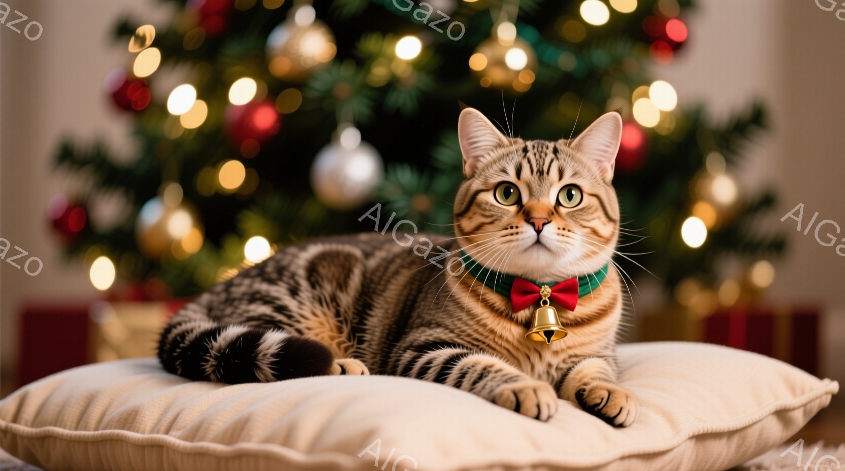 縞模様の猫が、ふわふわの白いクッションの上に優雅に横たわっています。首には、赤いリボンと小さな金色の鈴が付いた緑色の首輪が巻かれており、穏やかでリラックスした表情をしています。背景にはぼやけたクリスマ - AI生成フリー素材