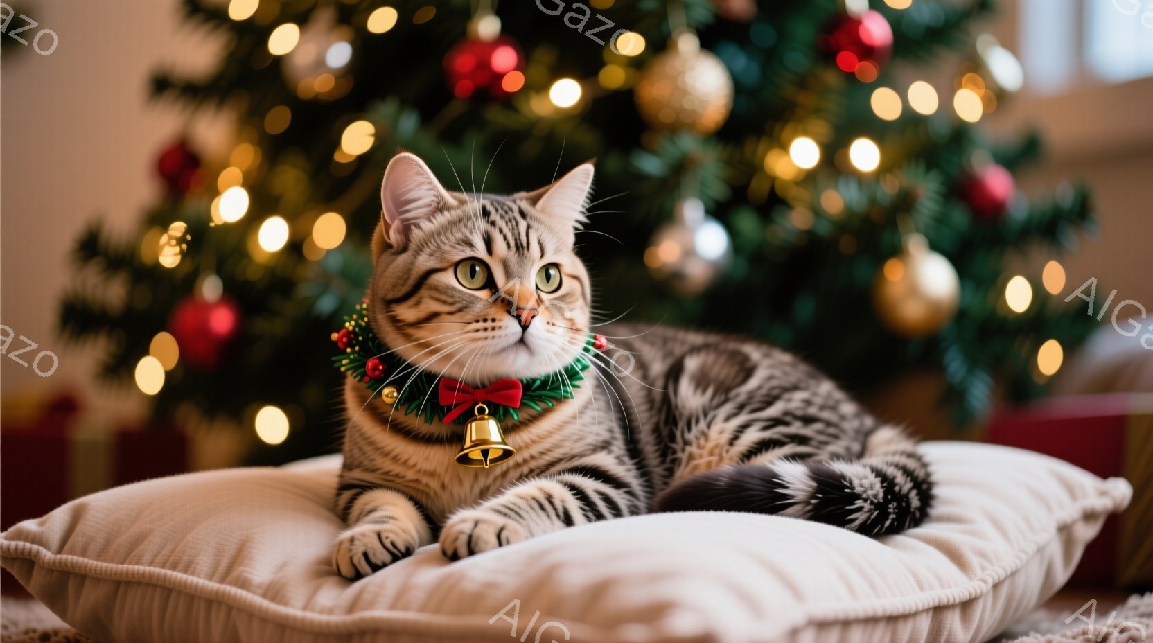 縞模様の猫がクリーム色のクッションの上にゆったりと横たわっており、赤いリボンと葉っぱで飾られた首輪をつけている。背景にはぼやけたクリスマスツリーとプレゼントが見え、温かみのある光が猫を照らしている。猫 - AI生成フリー素材