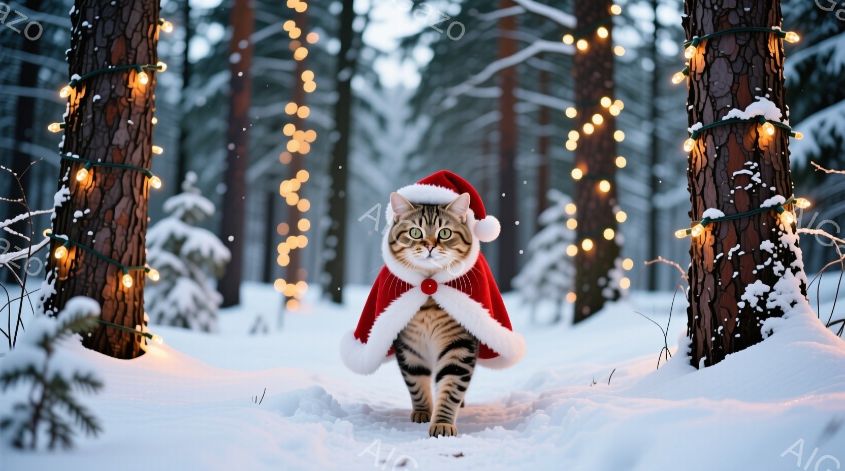 茶色の縞模様の猫が、赤いサンタクロースの帽子とマフラーを身に着けて雪の中を歩いています。背景には雪で覆われた木々が立ち並び、暖かく輝くイルミネーションが飾られています。全体的に、暖かく、お祝いの雰囲気で、冬のワンダーランドの中にいるような印象を与えます。