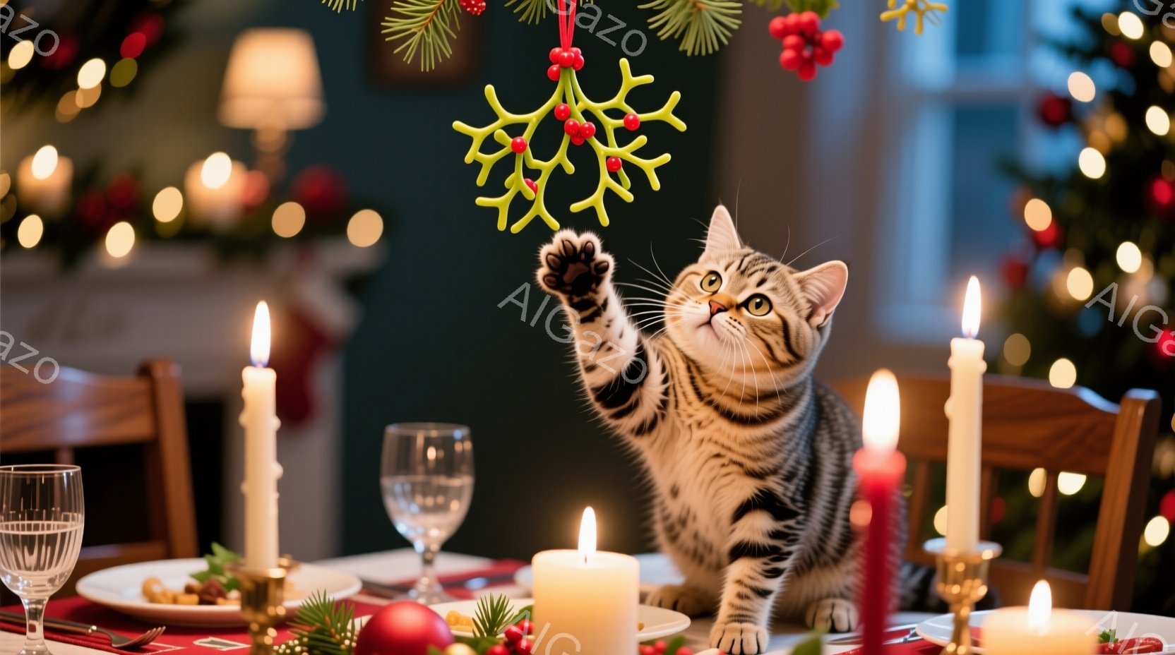 縞模様の猫がミステリー（ヤドリギ）の枝に手を伸ばして遊んでいます。背景にはクリスマスツリーの明かりと、キャンドルが灯された食卓が広がっており、暖かく華やかなクリスマスの雰囲気が漂っています。テーブルにはグラスや料理が並び、温かい光が猫と食卓を照らしています。