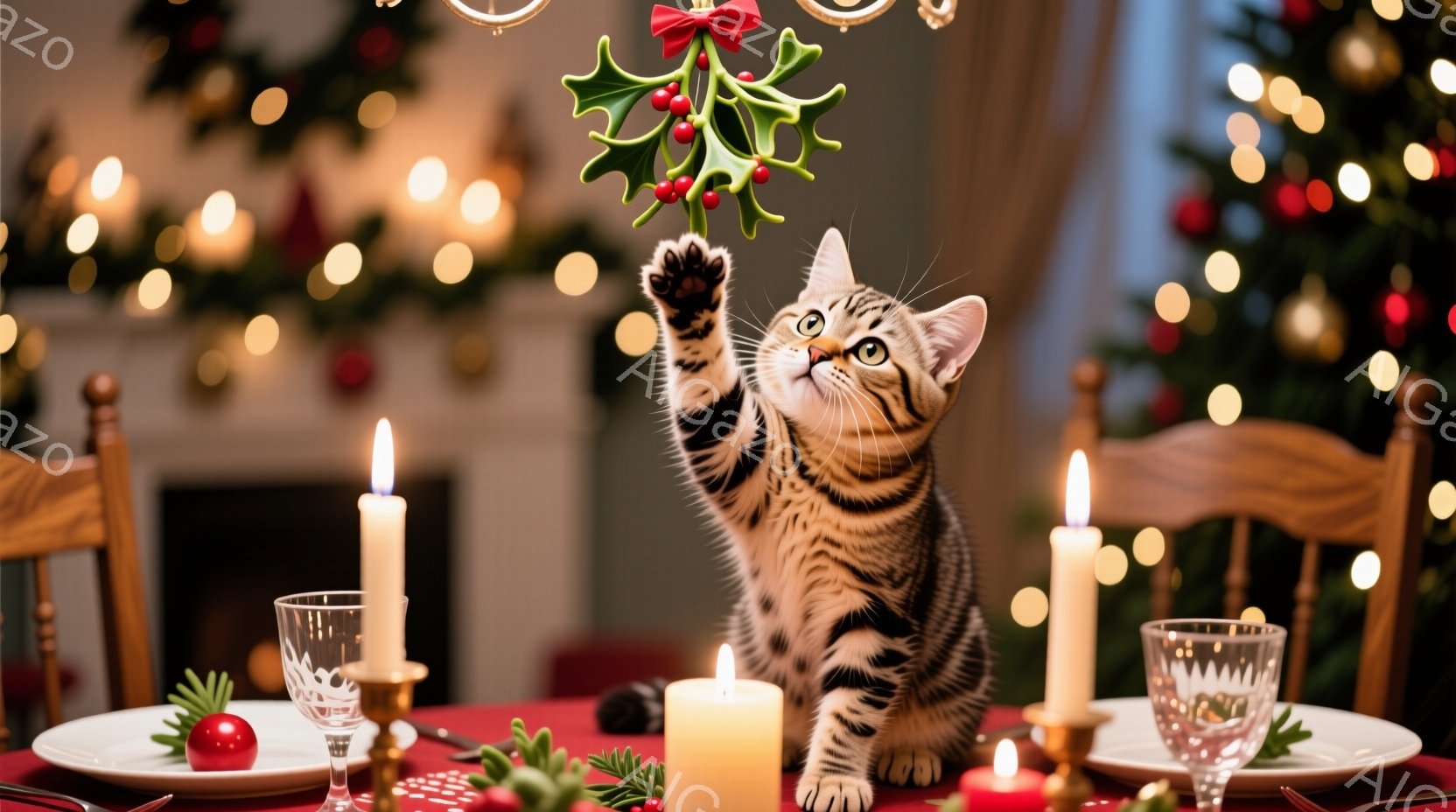 テーブルにはキャンドルや食器が並び、クリスマスらしい赤いテーブルクロスが敷かれている。縞模様の猫が立ち上がり、ミステルトーの上に前足を伸ばしている様子は可愛らしい。背景にはぼやけたクリスマスツリーの光が輝き、温かく、お祝いムードに包まれた雰囲気である。