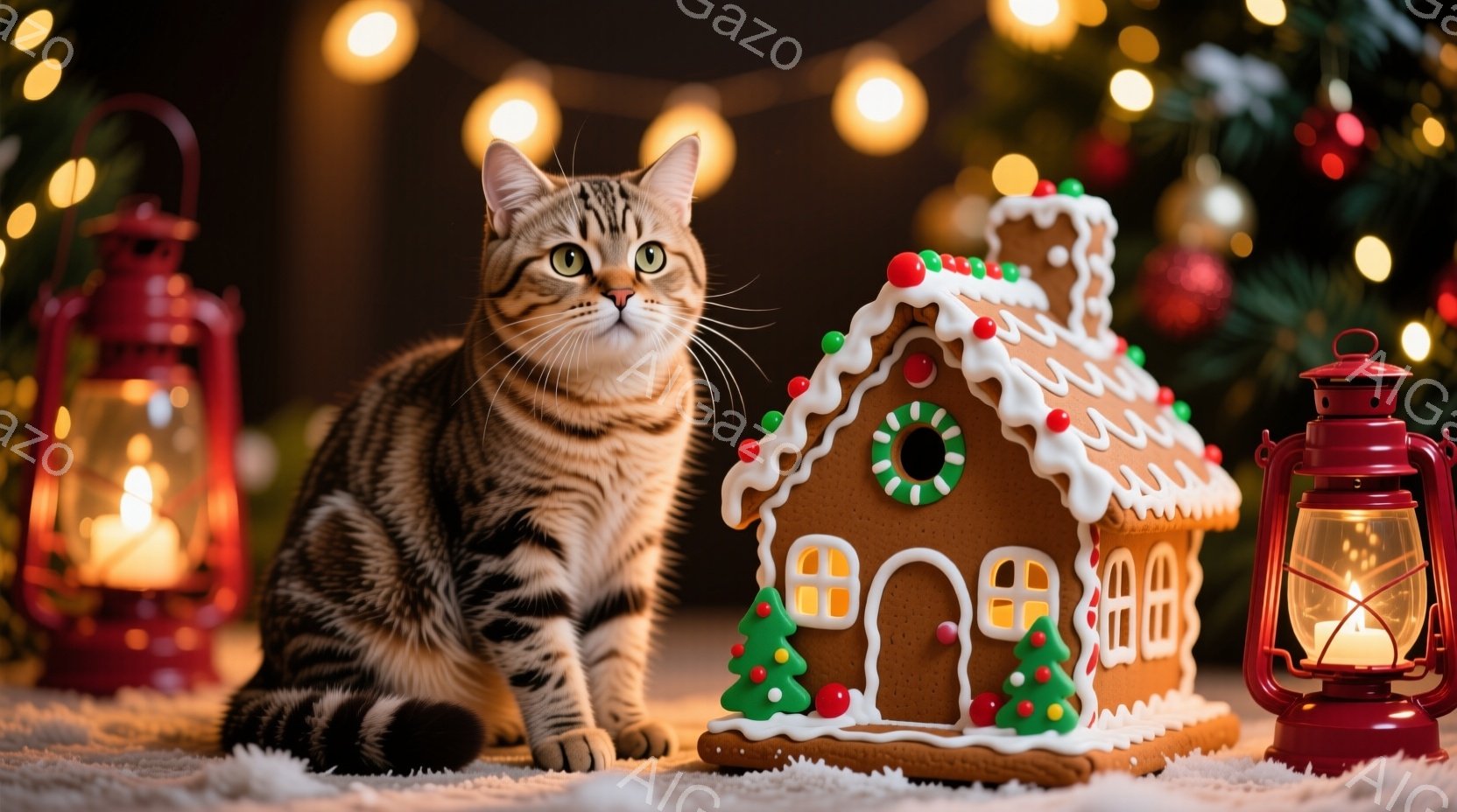 縞模様の猫が白い毛布の上に座り、少し上目遣いでこちらを見ている。背景には、クリスマスの飾り付けの施されたツリーや、点灯された赤いランタン、そして精巧なジンジャーブレッドハウスが置かれている。全体的に暖 - AI生成フリー素材