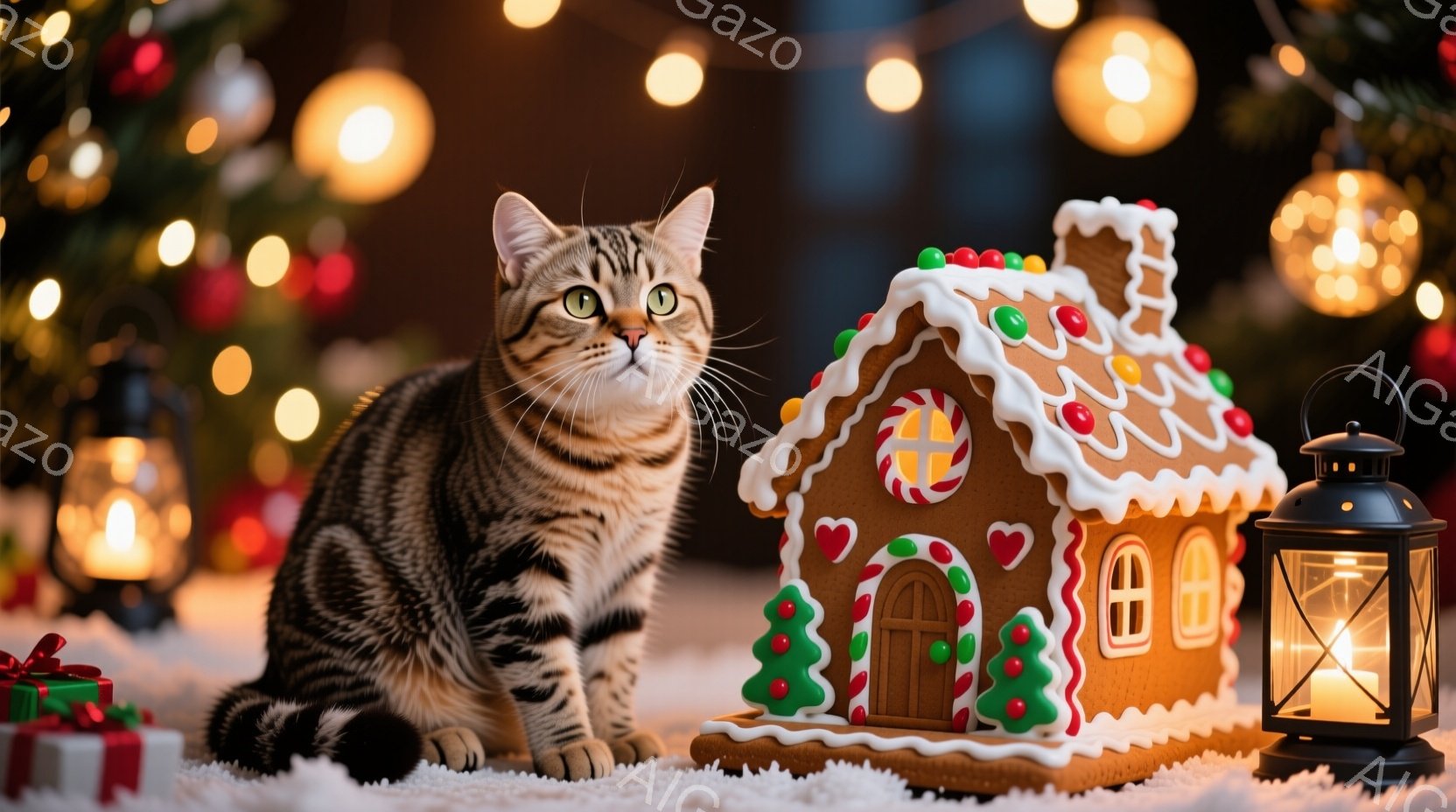 縞模様の猫が、雪の上に座って正面を見つめています。背景にはクリスマスツリーの光がぼんやりと見え、可愛らしいジンジャーブレッドハウスと光るランタンが置かれています。暖かく、お祝いムードにあふれた、冬のク - AI生成フリー素材