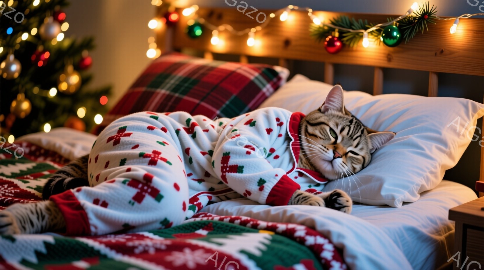 ベッドの上で、クリスマスの柄のセーターを着た猫が安らかに眠っている。猫は横向きになり、目を閉じ、リラックスした表情をしている。背景には、ぼやけたクリスマスツリーと、暖色の照明が散りばめられており、穏や - AI生成フリー素材