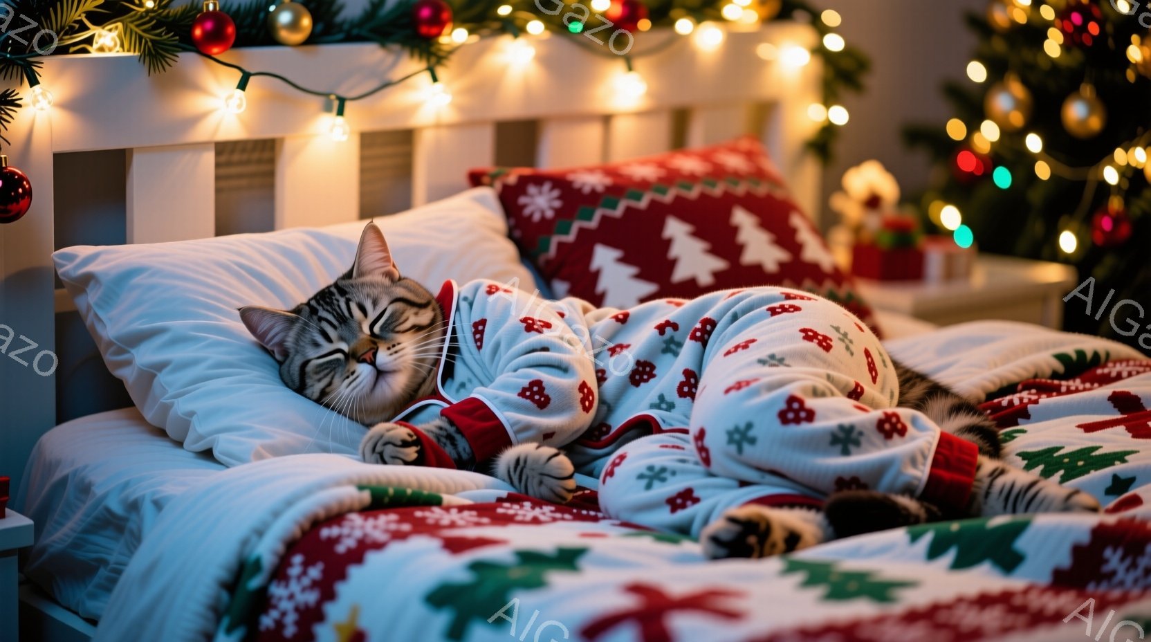 白と赤のクリスマス柄のフランネルのような布に包まれた猫がベッドの上で横たわっています。猫は目を閉じ、リラックスした表情で、まるで冬の暖かさを楽しんでいるかのようです。背景には、キラキラと光るクリスマス - AI生成フリー素材