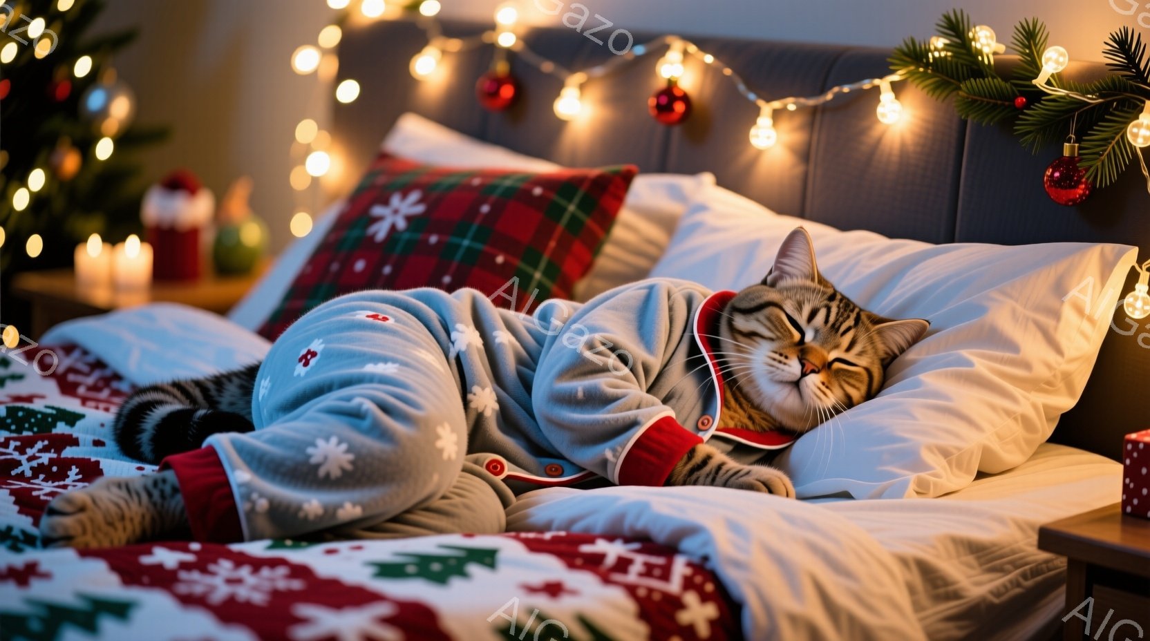縞模様の猫がクリスマスの柄が入ったふわふわのパジャマを着てベッドの上で眠っています。猫は横向きになり、目を閉じてリラックスした表情をしています。背景にはクリスマスツリーや飾り、暖色のイルミネーションが - AI生成フリー素材