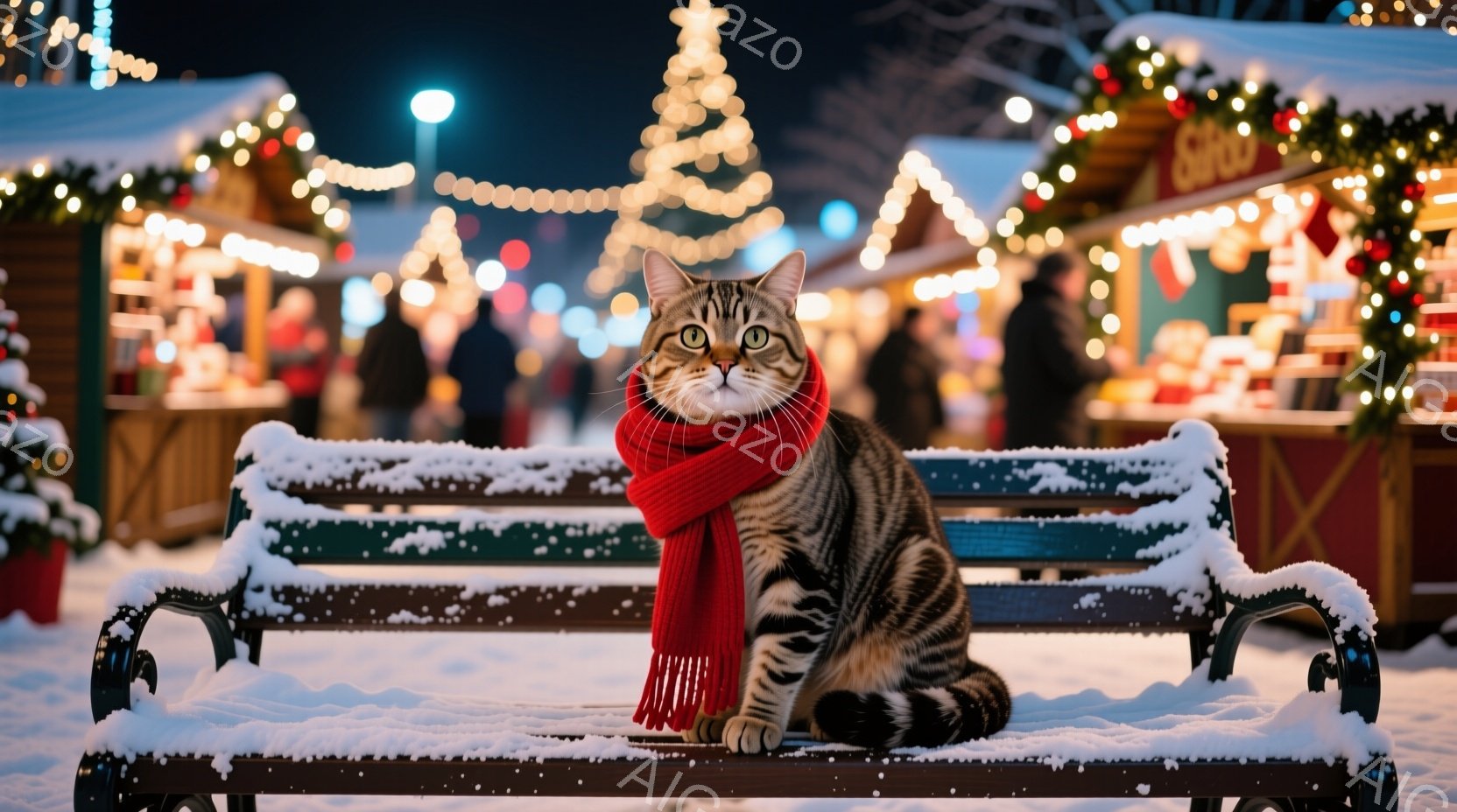 縞模様の猫が雪で覆われたベンチに座っており、赤いマフラーを巻いています。背景にはクリスマスマーケットの賑わいがあり、イルミネーションで飾られた建物や木々がぼんやりと見えます。雪が舞う寒々しい冬の夜の、 - AI生成フリー素材