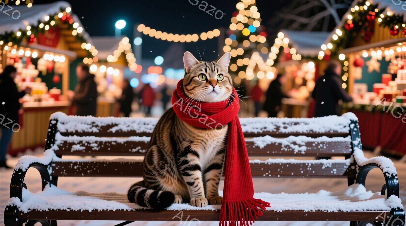 縞模様の猫が雪で覆われたベンチに座っており、鮮やかな赤いマフラーを巻いています。背景にはクリスマスマーケットのような賑やかな光景が広がり、ぼやけた人々と屋台が見えます。全体的に、暖かく、お祭り気分で、冬の夜の優しい雰囲気が漂っています。
