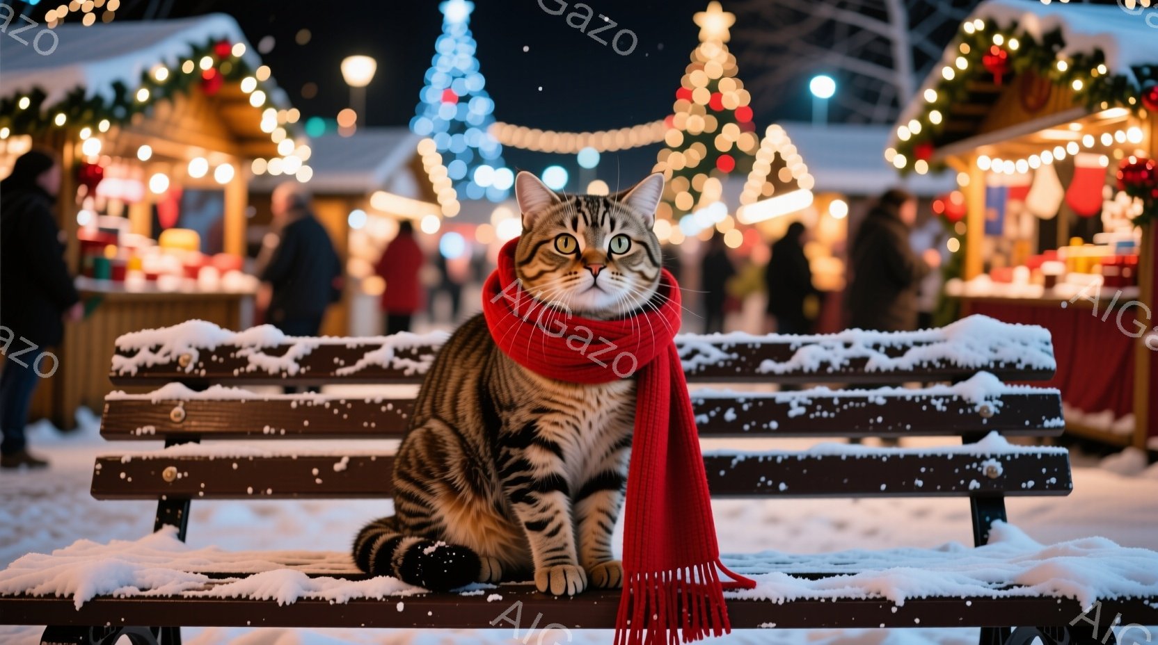 茶色の木の扉に、緑色のクリスマスリースが飾られています。そのリースの中に、縞模様の猫が丸まって眠っており、リラックスした表情をしています。背景は雪が舞う冬の風景で、全体的に暖かく、穏やかな雰囲気が漂っています。