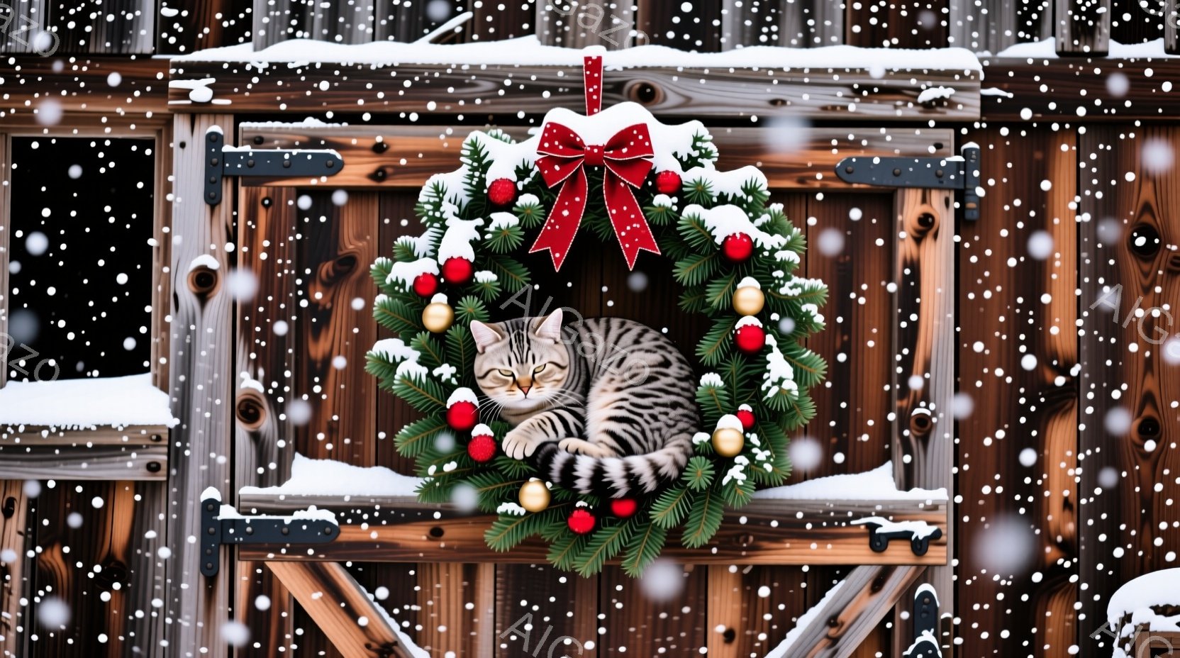 茶トラの猫がクリスマスリースの中で丸まって眠っています。背景は雪が積もった木製の門で、冬の静かで温かい雰囲気が漂っています。リースは赤いオーナメントとリボンで飾られており、猫の毛色と暖かく調和しています。