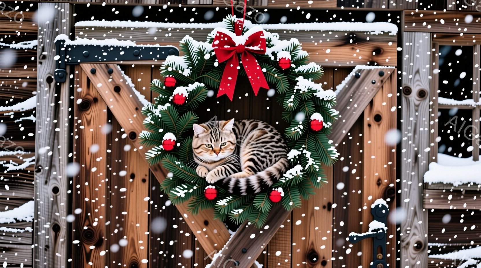 茶色い縞模様の猫が、赤いリボンと赤い実で飾られたクリスマスリースの中に丸まって眠っています。背景は雪で覆われた木製のゲートで、冬の暖かく居心地の良い雰囲気を醸し出しています。雪が舞い散る様子が、静かで - AI生成フリー素材