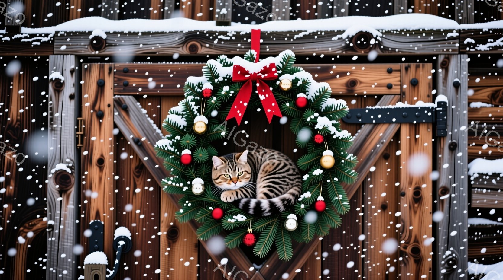 茶色い木の扉に、緑色のクリスマスリースが飾られ、その中に縞模様の猫が丸まって眠っています。リースは赤いリボンと赤い実で飾られており、雪が降る冬の暖かい雰囲気を醸し出しています。背景はぼやけていますが、木製の壁であることがわかります。