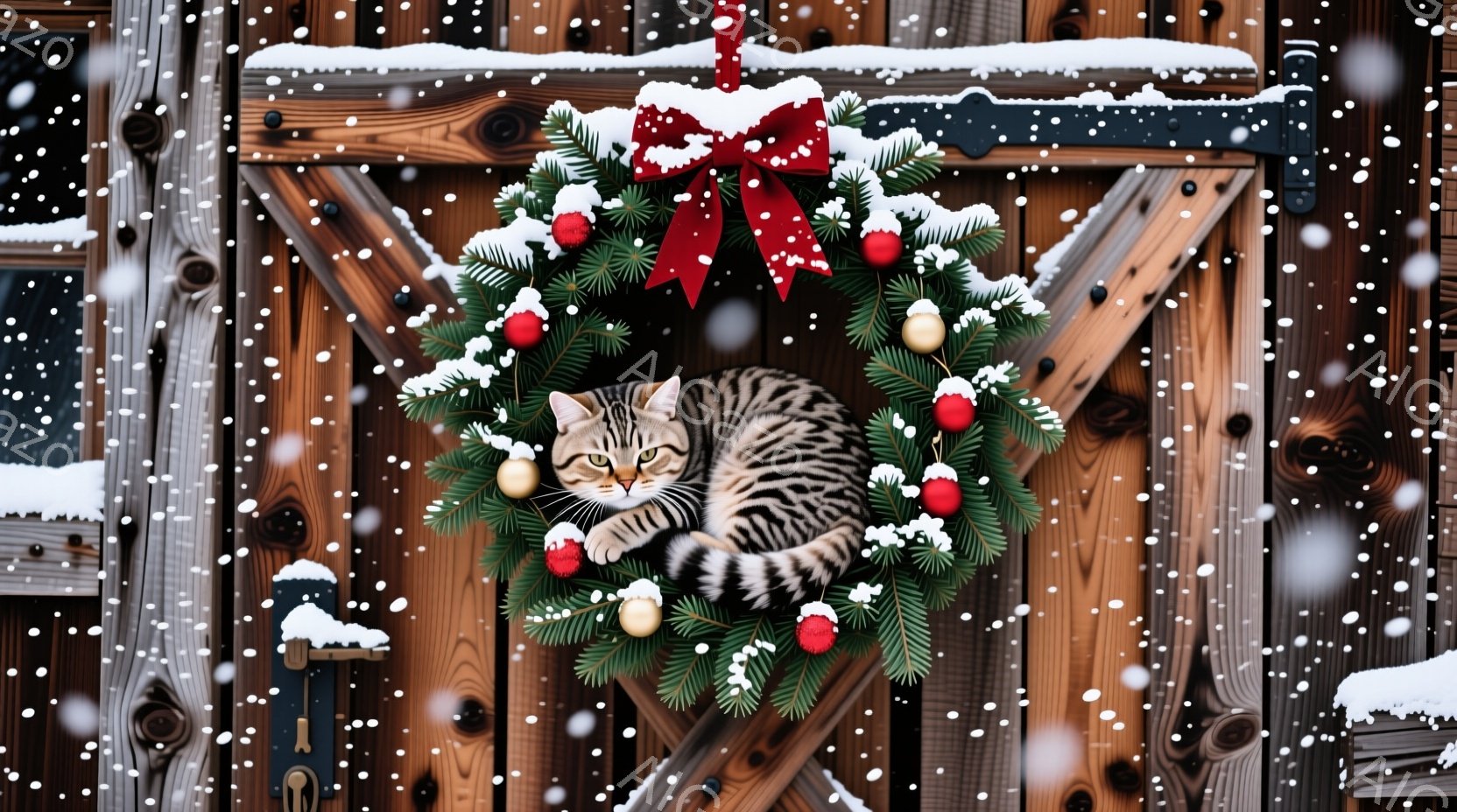 茶色の木製のドアに、緑のクリスマスリースが飾られており、その中に縞模様の猫が丸まって眠っています。リースは金色のボールと赤い実で飾られ、赤いリボンで結ばれています。雪が舞っており、ドアの上にも積もって - AI生成フリー素材