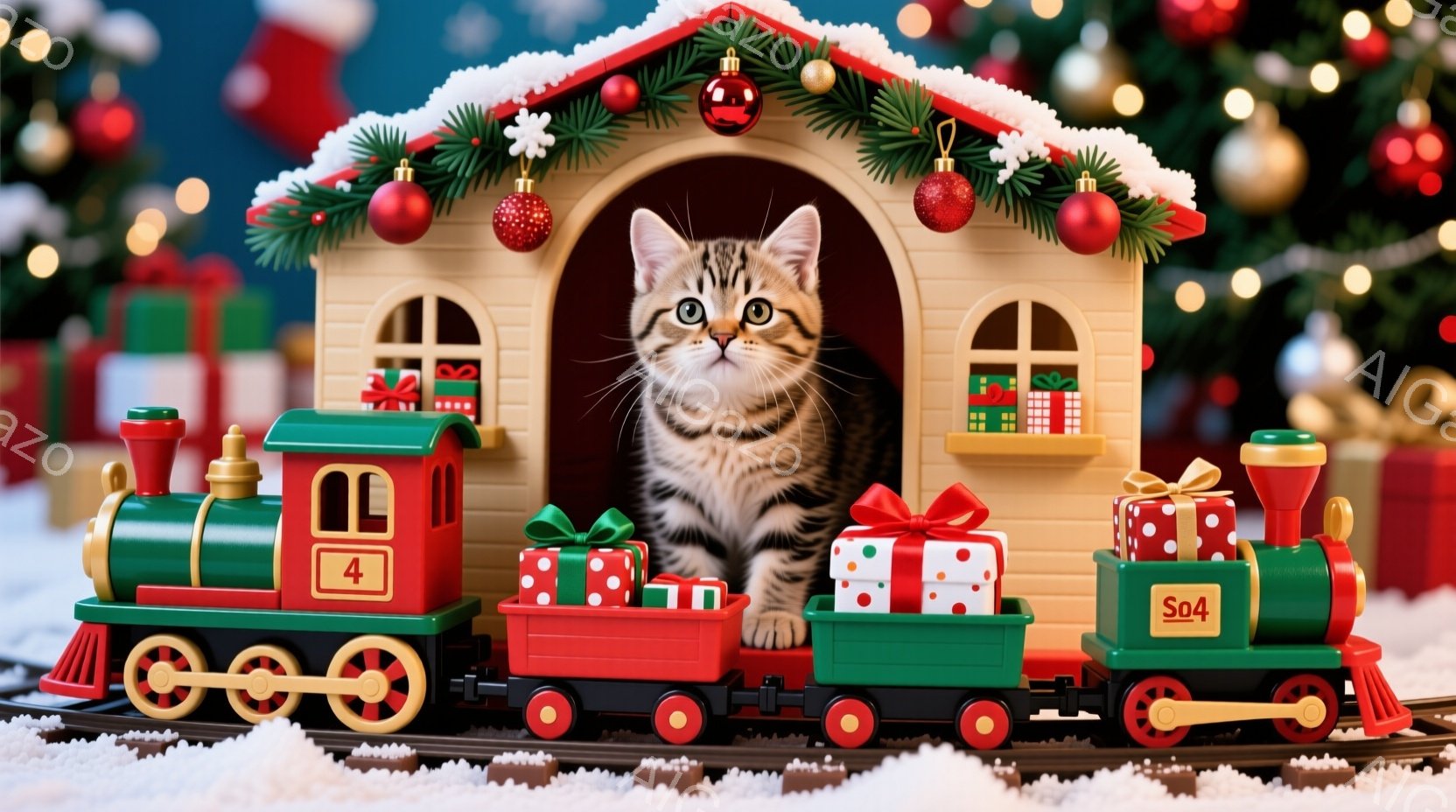 縞模様の猫が、クリスマスを連想させる赤い列車と家から顔を出しています。列車はプレゼントで飾られ、雪の上に線路が敷かれています。背景にはぼやけたクリスマスツリーが配置され、全体的に暖かくお祝いムードに満 - AI生成フリー素材