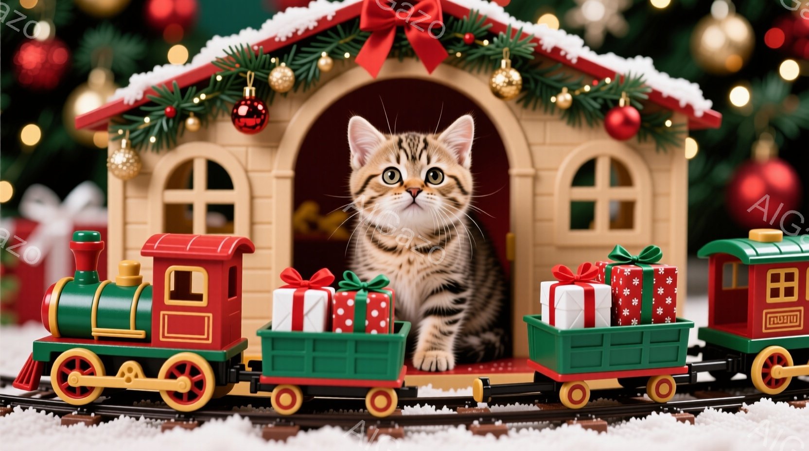 白と茶色の縞模様の猫が、クリスマスをテーマにした装飾の中に座っています。背景には、プレゼントが積まれた赤い列車と、クリスマスツリーの飾りで飾られた緑豊かな背景があります。全体的に、暖かく、お祝いの雰囲 - AI生成フリー素材