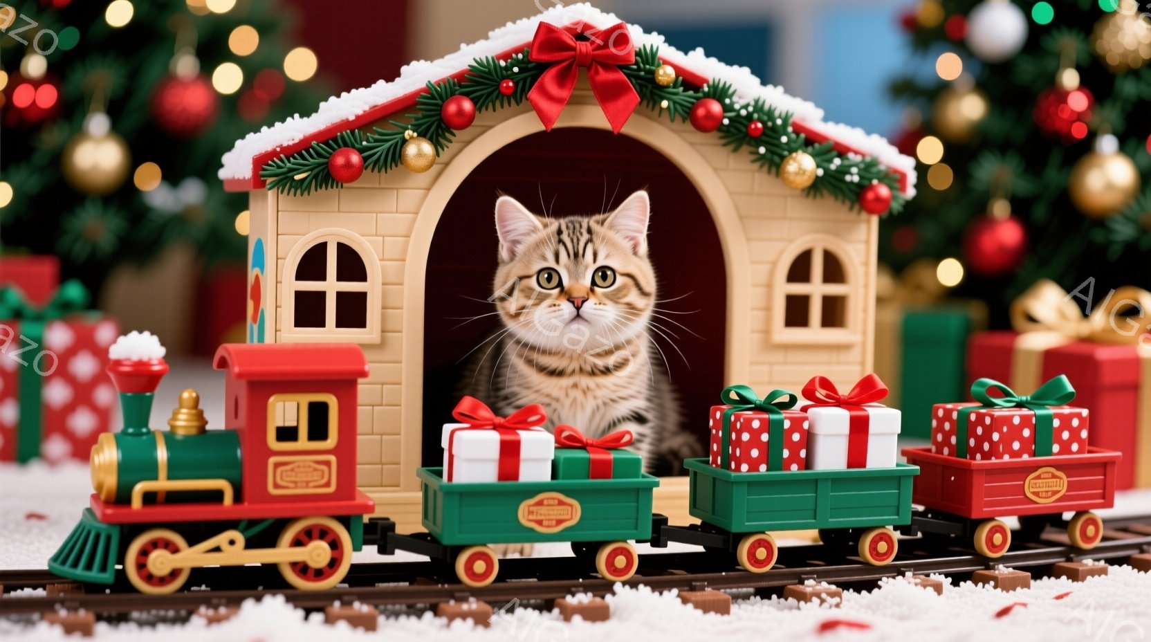 茶色い縞模様の猫が、クリスマスの飾り付けられた鉄道の機関車の中に座っています。機関車は緑色で、赤いリボンで飾られたプレゼントが積まれた赤い貨車が連結されています。背景には、赤いオーナメントと輝くライトで飾られたクリスマスツリーがあり、全体的に暖かくお祝いの雰囲気が漂っています。