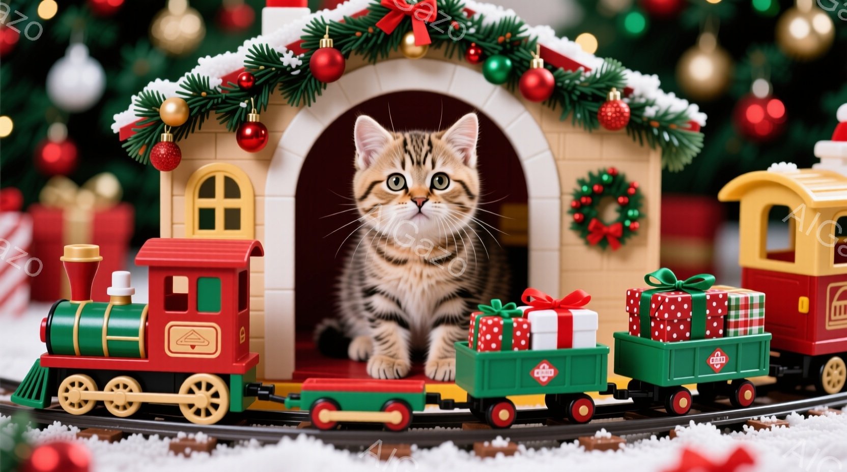 クリスマスをテーマにした可愛らしい画像です。縞模様の茶色の小さな子猫が、緑と赤の小さな電車のおもちゃの先頭車両の背後に座っており、赤い屋根の小さな駅のような構造の中にいます。背景にはクリスマスツリーと - AI生成フリー素材