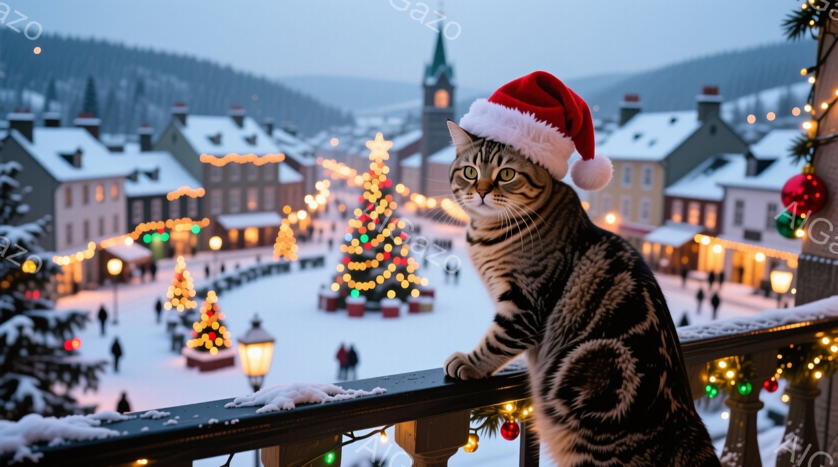 縞模様の猫が赤いサンタの帽子を被り、雪景色を背景にしたバルコニーの手すりに前足を乗せて座っている。背景には、クリスマスのイルミネーションで飾られた建物が並ぶ冬の街並みが広がり、多くの人々が歩いている。 - AI生成フリー素材