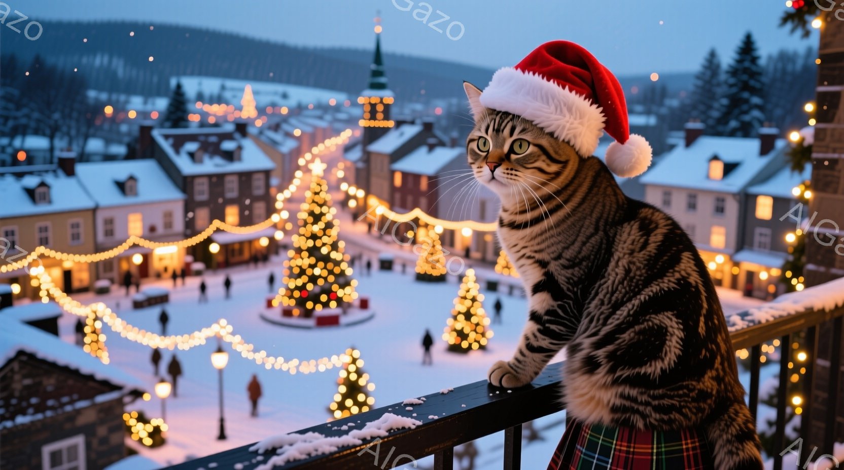雪景色の中、クリスマスの飾り付けがされた街並みを背景に、帽子とタータンチェックのショールを身に着けた猫がバルコニーに座っています。猫は正面を少し見上げ、まるで街の様子を見守っているかのような穏やかな表 - AI生成フリー素材