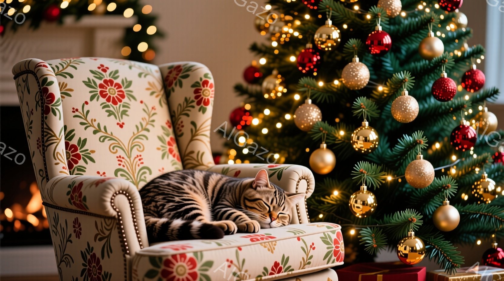 縞模様の猫が、花柄の肘掛け椅子で丸まって眠っています。背景にはクリスマスツリーが飾られ、暖炉の明かりが優しく室内を照らしています。全体的に暖かく、穏やかなクリスマスの雰囲気が漂っています。