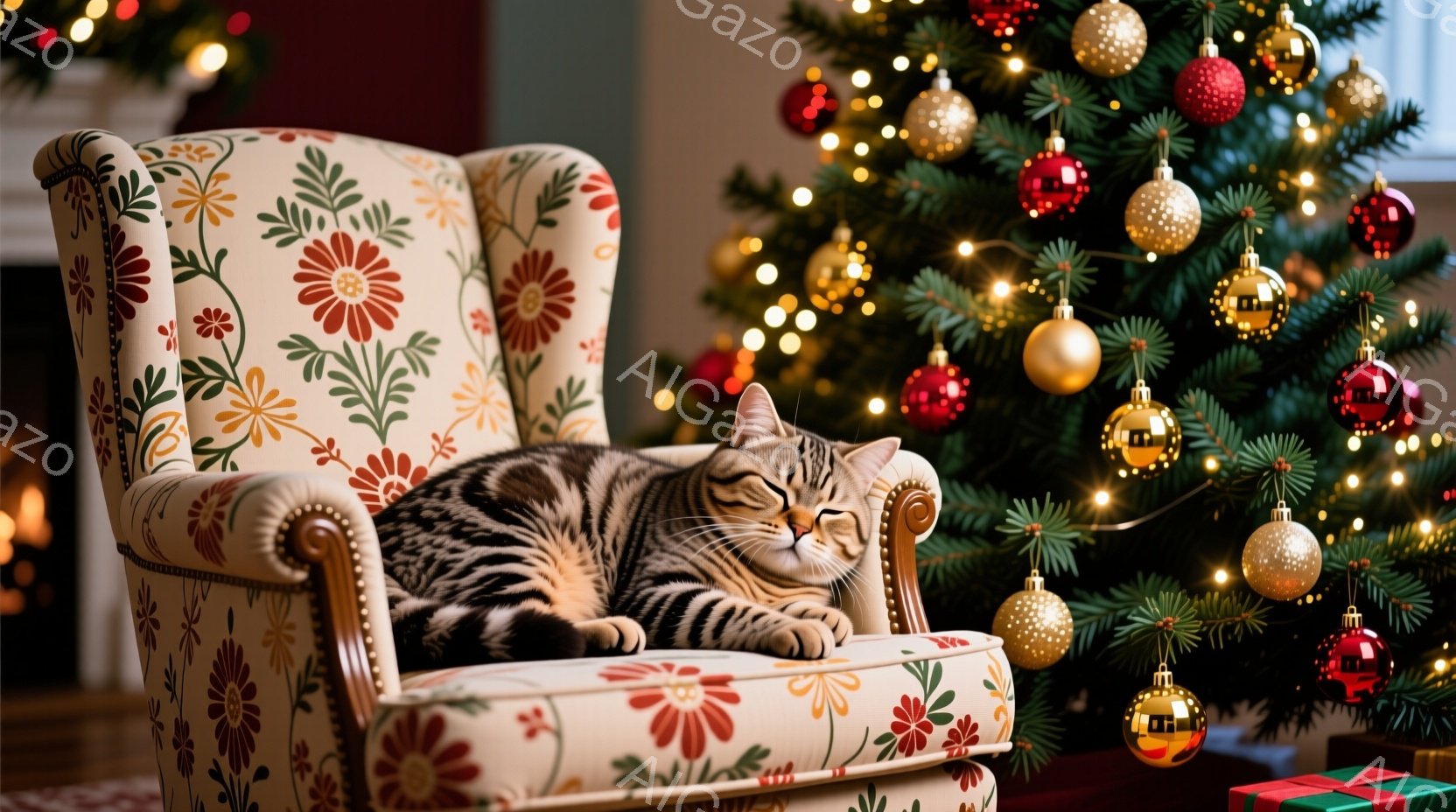 茶色と黒の縞模様の猫が、花柄の肘掛け椅子で丸まって眠っています。背景には、輝く電飾とオーナメントで飾られたクリスマスツリーがあり、暖かい雰囲気を醸し出しています。椅子とツリーの組み合わせは、居心地の良 - AI生成フリー素材