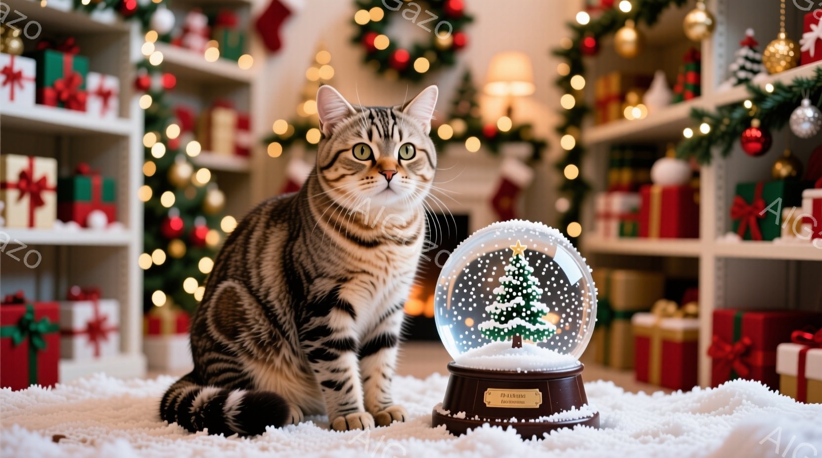茶色の縞模様の猫が白いふわふわした敷物の上に座り、雪の結晶が散りばめられたガラスのクリスマスのオーナメントをじっと見つめています。背景には、様々な色の包装紙で包まれたプレゼントの山が積み上げられ、キラ - AI生成フリー素材
