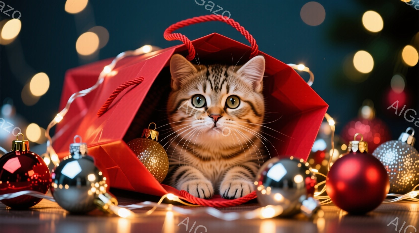 赤いギフトバッグの中に、縞模様の小さな子猫が座っており、前足を伸ばしてこちらを見ています。背景には、様々な色のクリスマスオーナメントや光の装飾が散りばめられ、お祝いムードを演出しています。全体的に暖か - AI生成フリー素材
